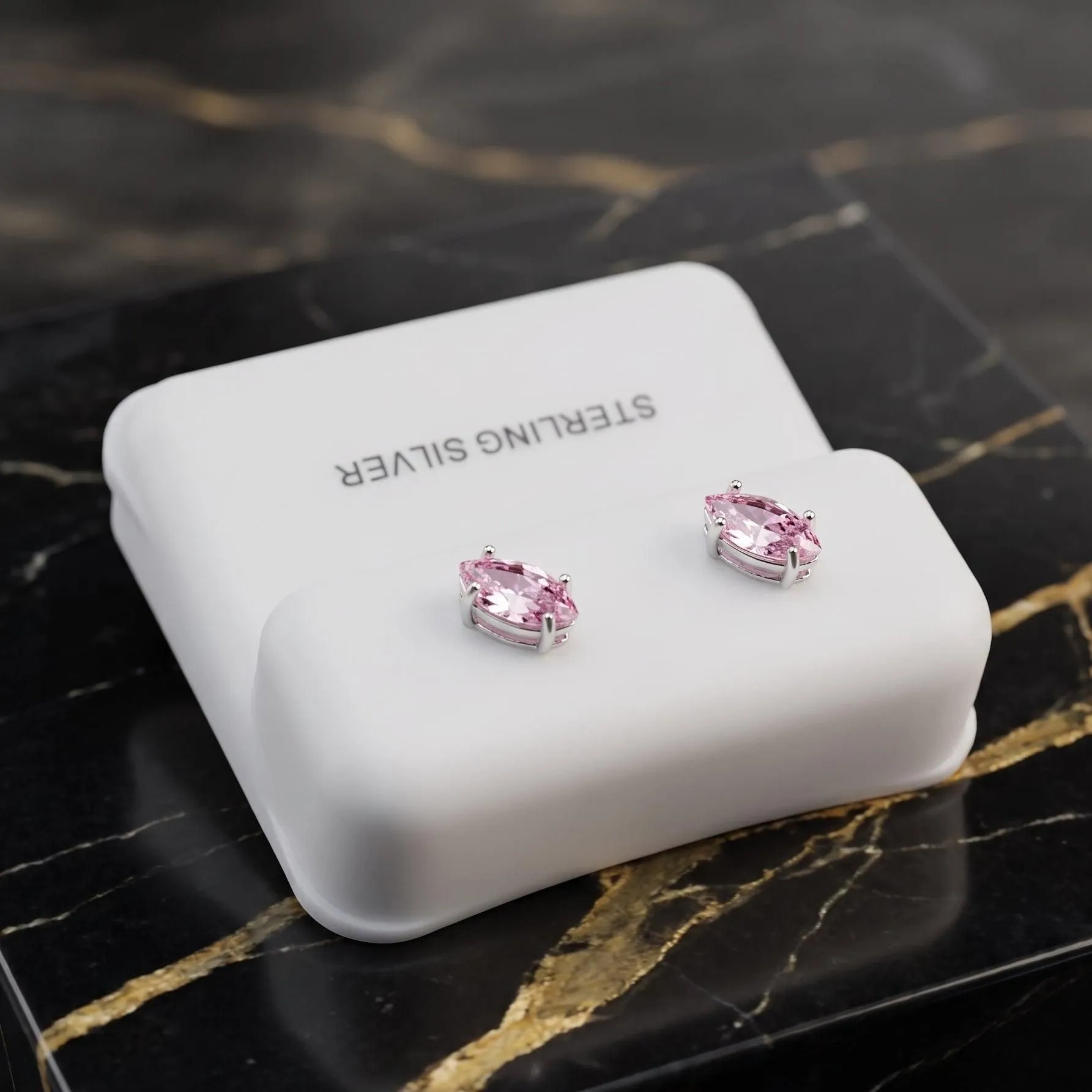 Marquise Cz Earrings Pink 925 Sterling Silver Push Back Dainty