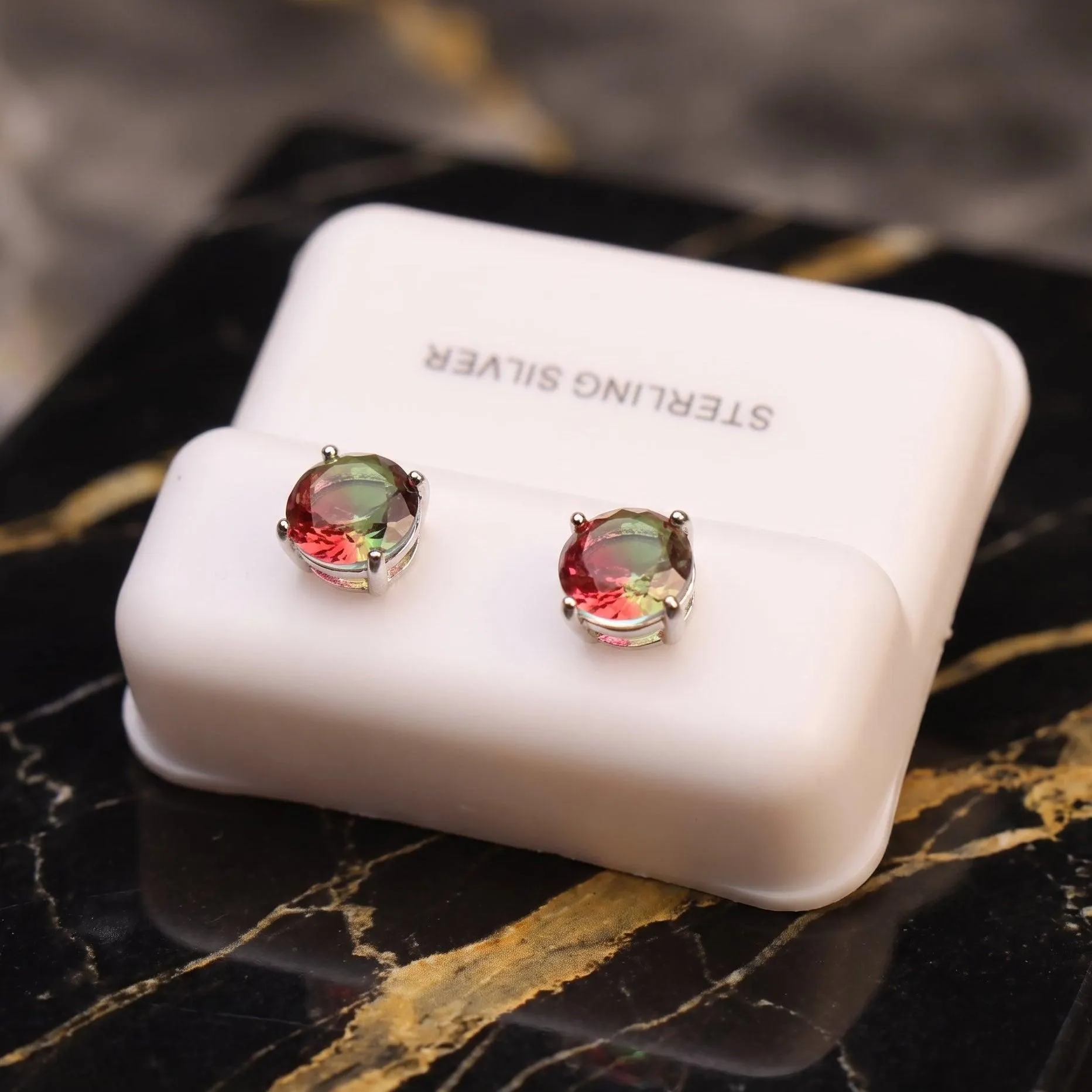 Watermelon Red Green Cz Earrings Round 925 Sterling Silver 7mm