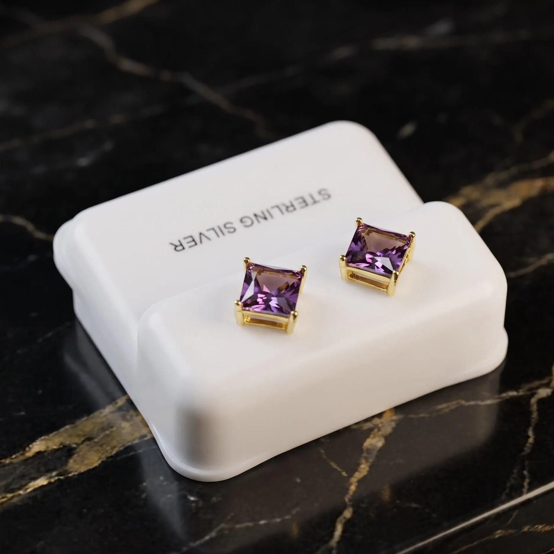 Purple Cz Earrings Square 14k Gold over 925 Sterling Silver