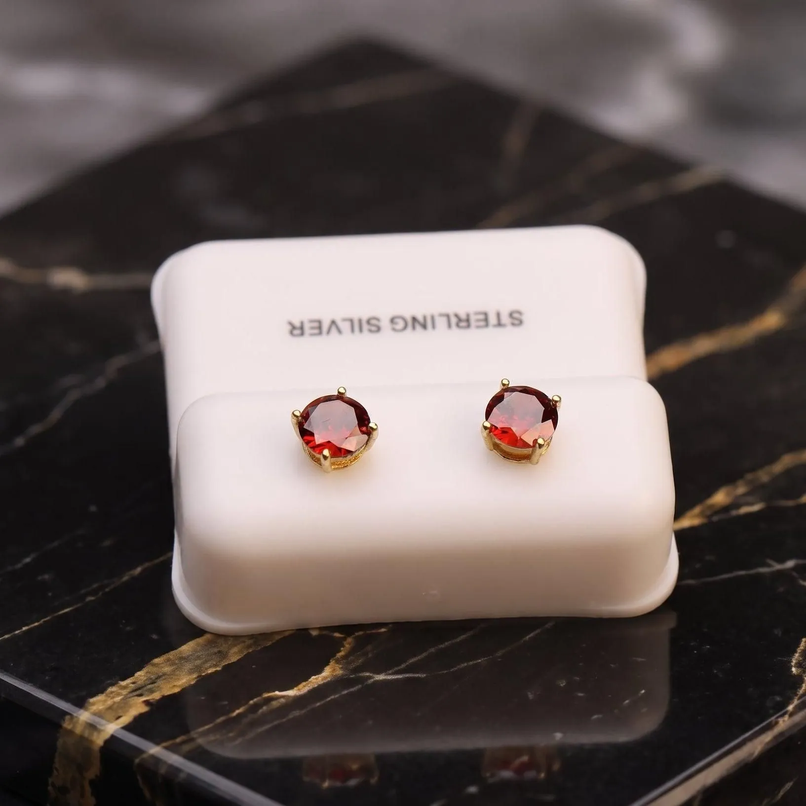 Ruby Red Cz Earrings Round 14k gold Over 925 Sterling Silver 6mm