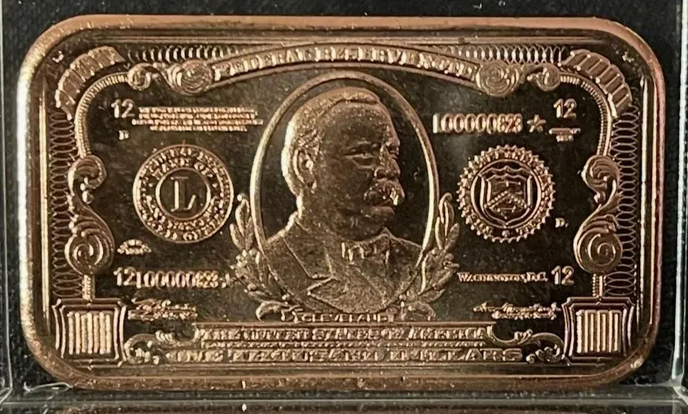 1oz Copper Bar - $1,000 Bill Design