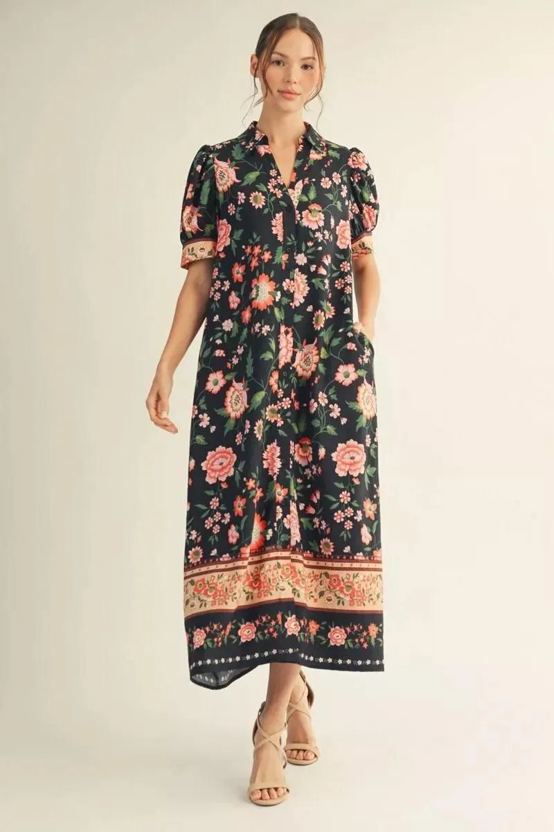 Boho Blossom Black Midi Dress
