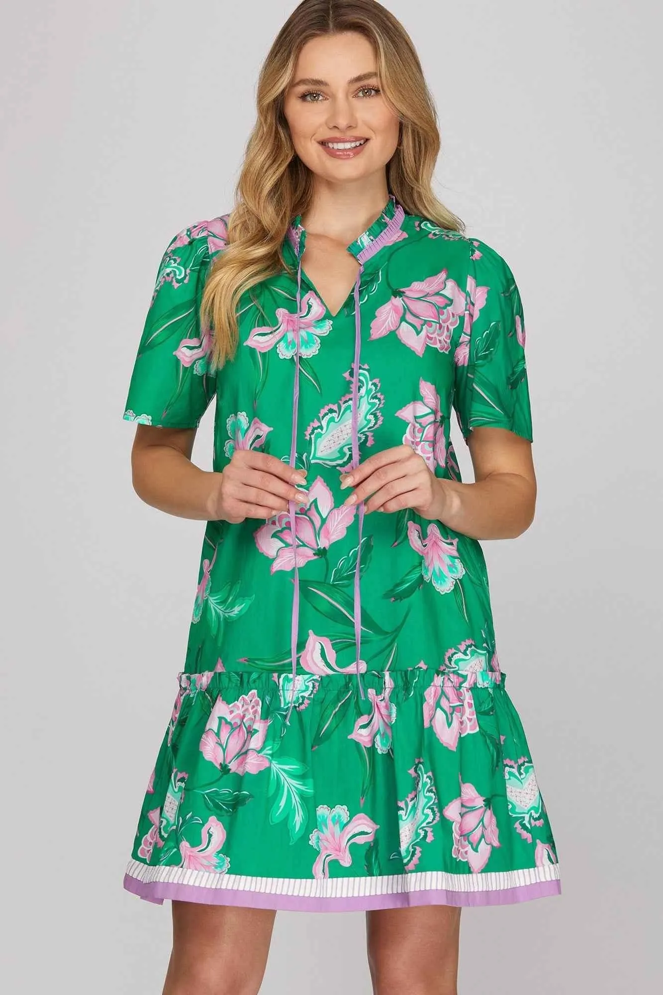 Emerald Green Floral Ruffle Hem Mini Dress with Tie Neck
