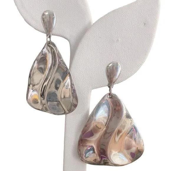 Product image for Water Wave Droplet Silver Tone Stud Post Drop Earrings Runway Statement Triangle