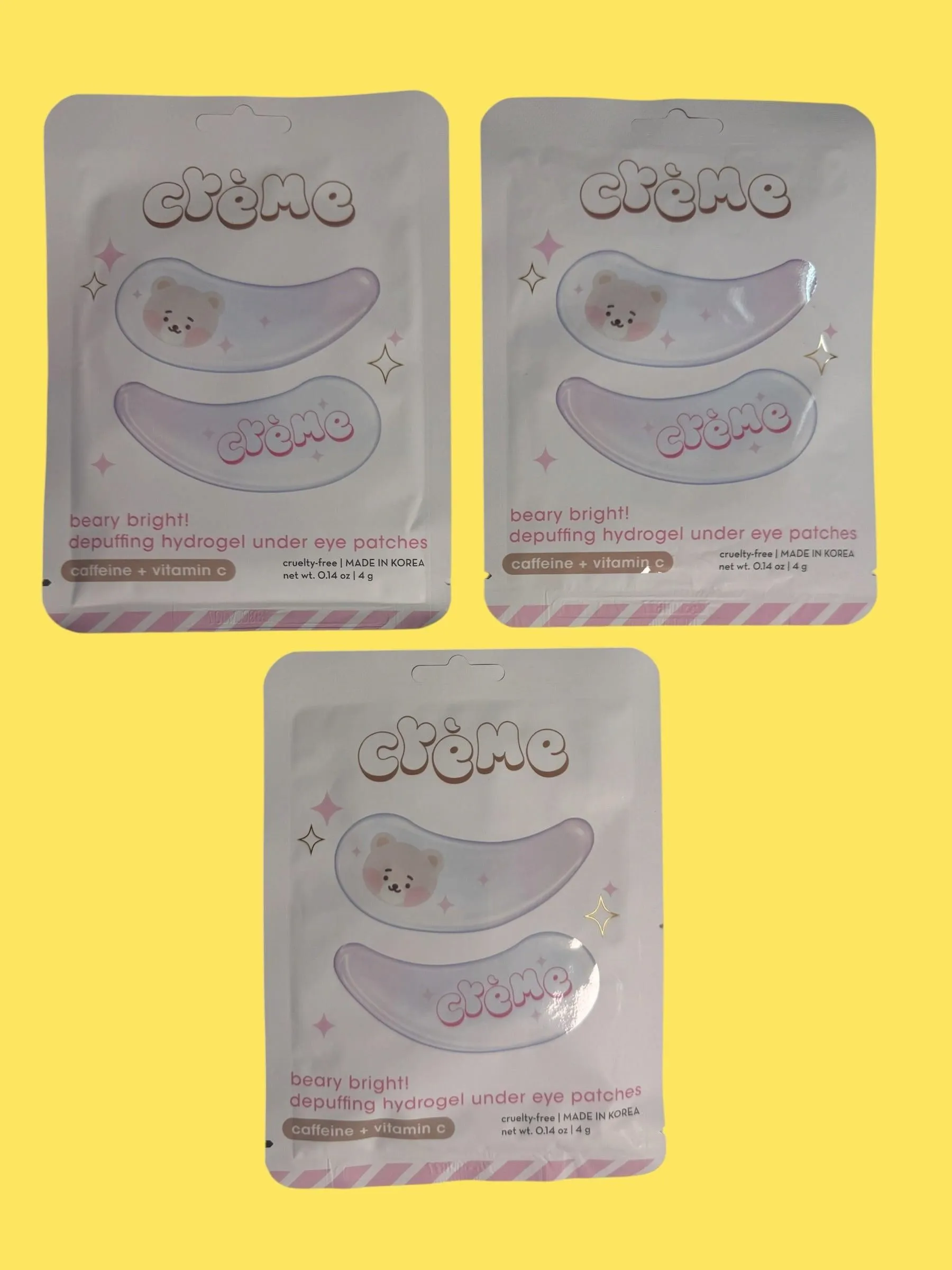 Lot of (3)The Creme Shop Beary Bright Depuffing Hydrogel Under Eye Patches Caffeine Vit C