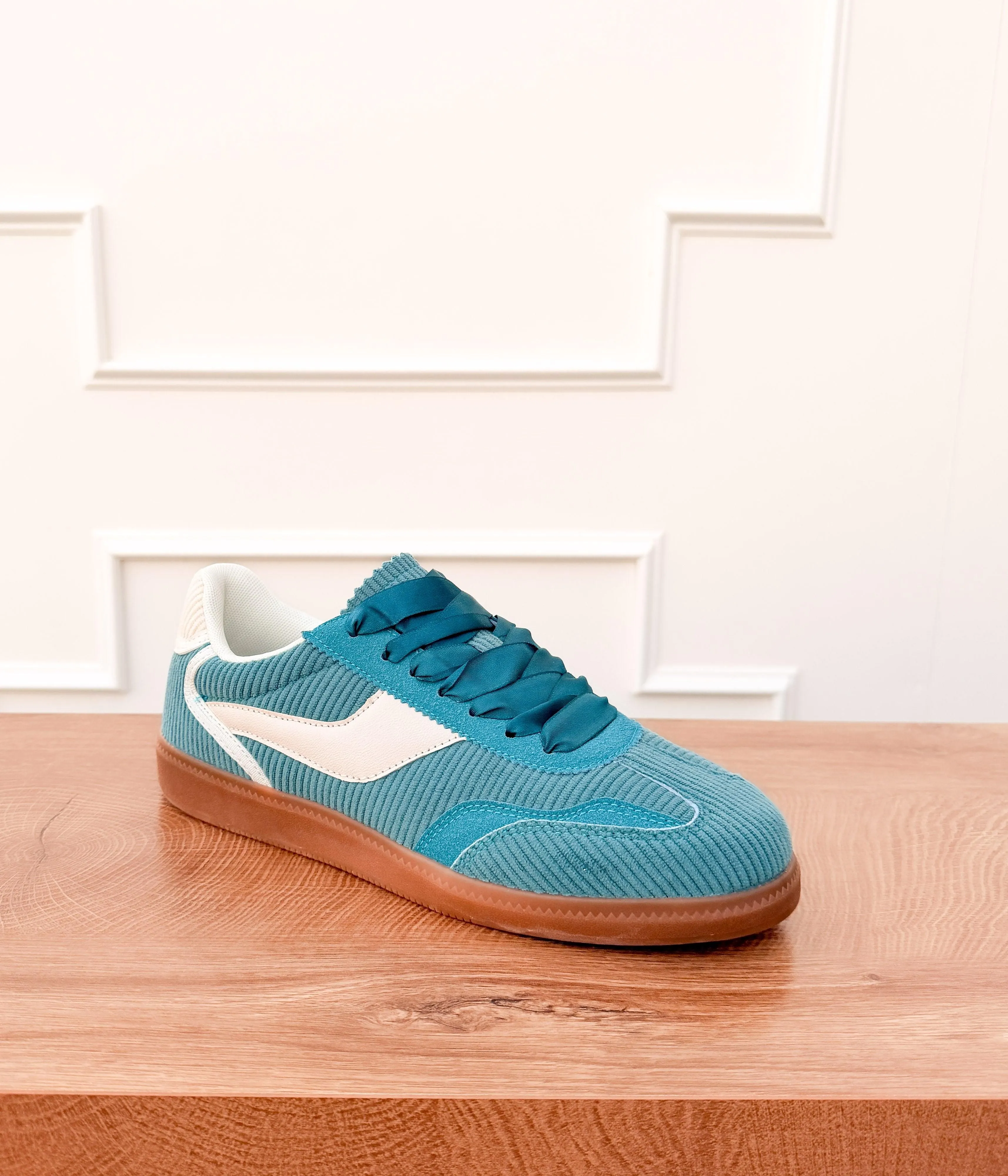Leticia Corduroy Sneakers in Teal with Satin Laces