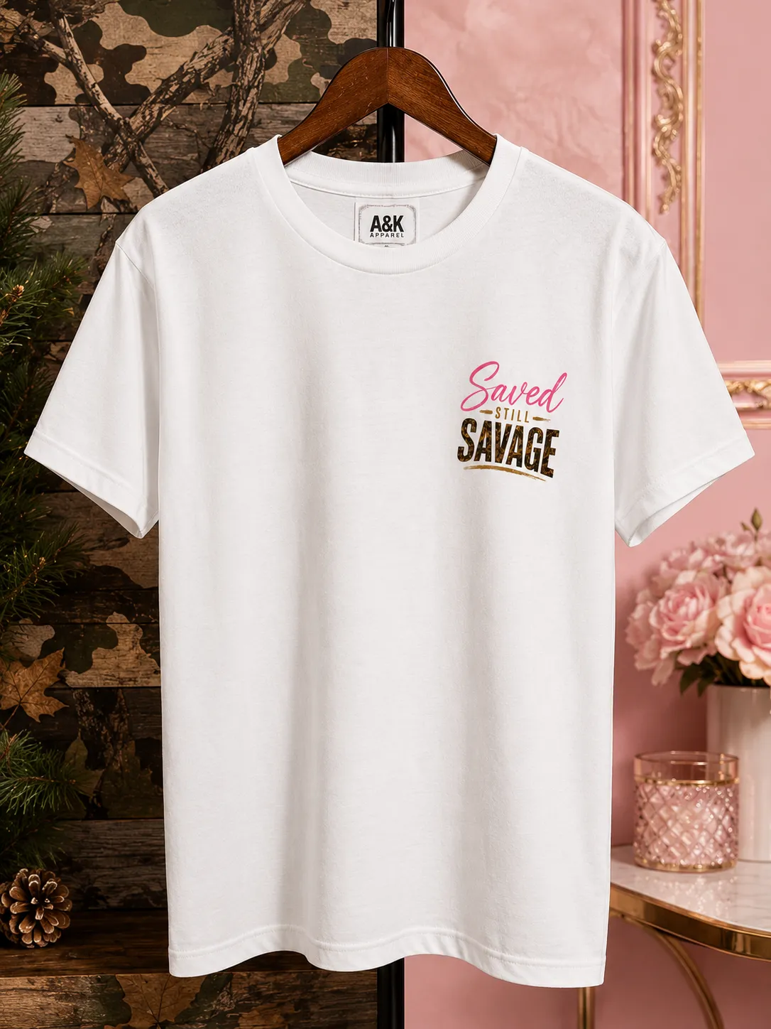 Saved Still Savage™ Women’s White Christian T-Shirt | Pink & Camo Faith Graphic Tee | A&K Apparel