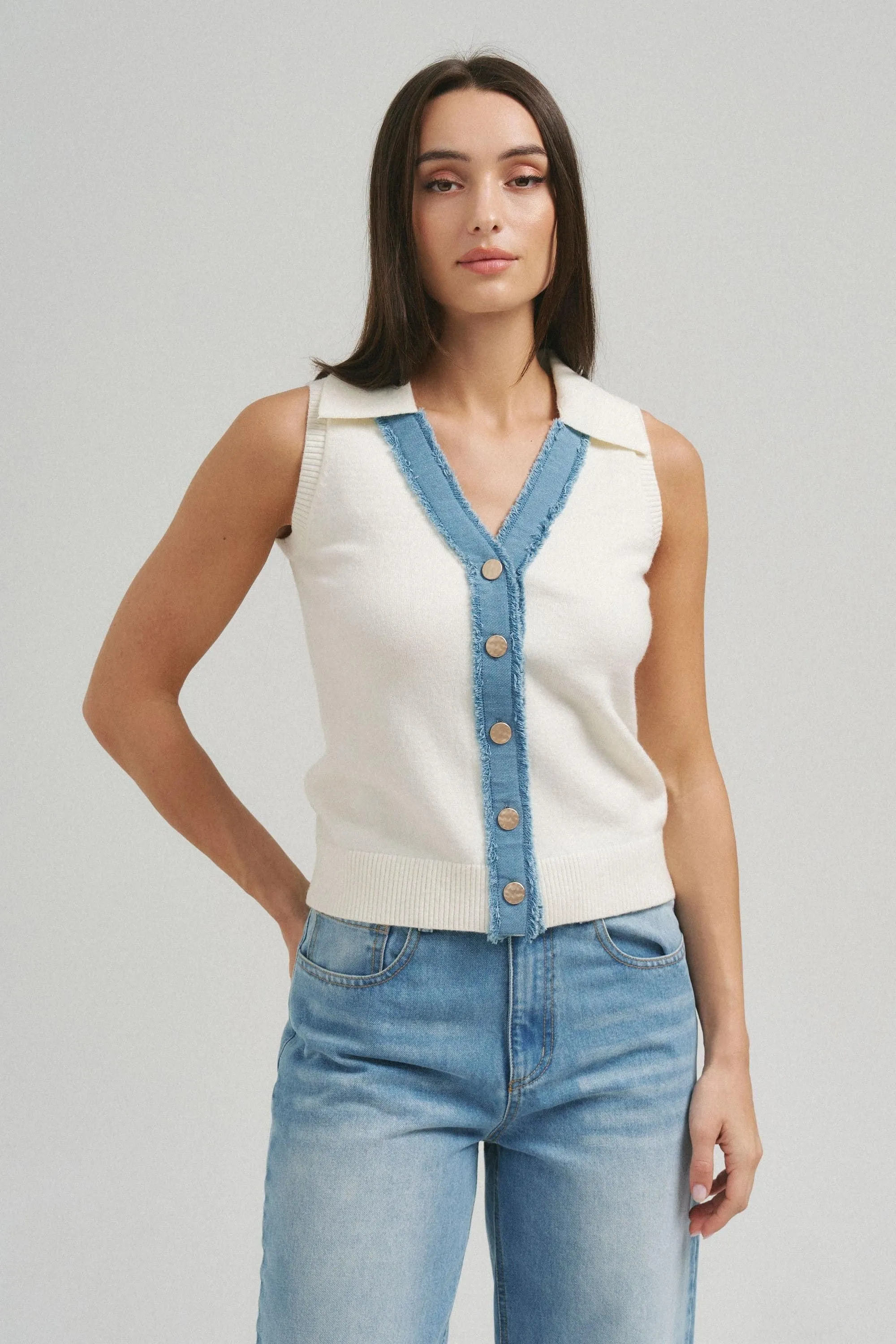 Collared Denim Sweater Vest
