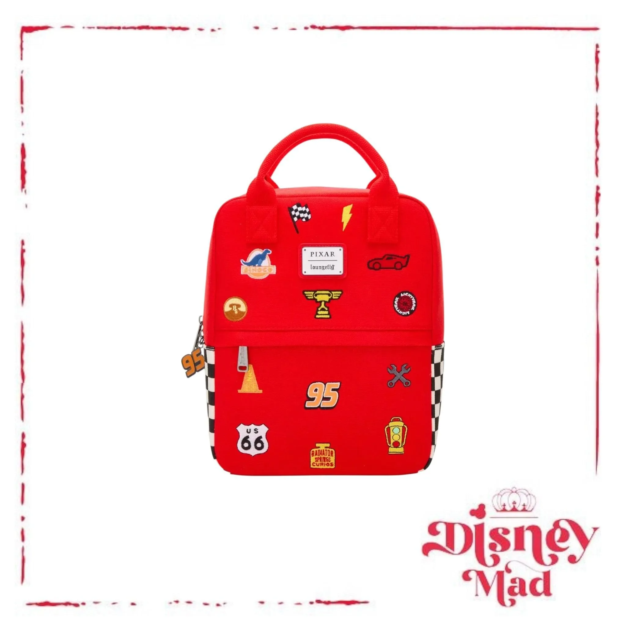 Loungefly Disney Pixar Cars Lightning McQueen Embroidered Patches Canvas Mini Backpack - BoxLunch Exclusive