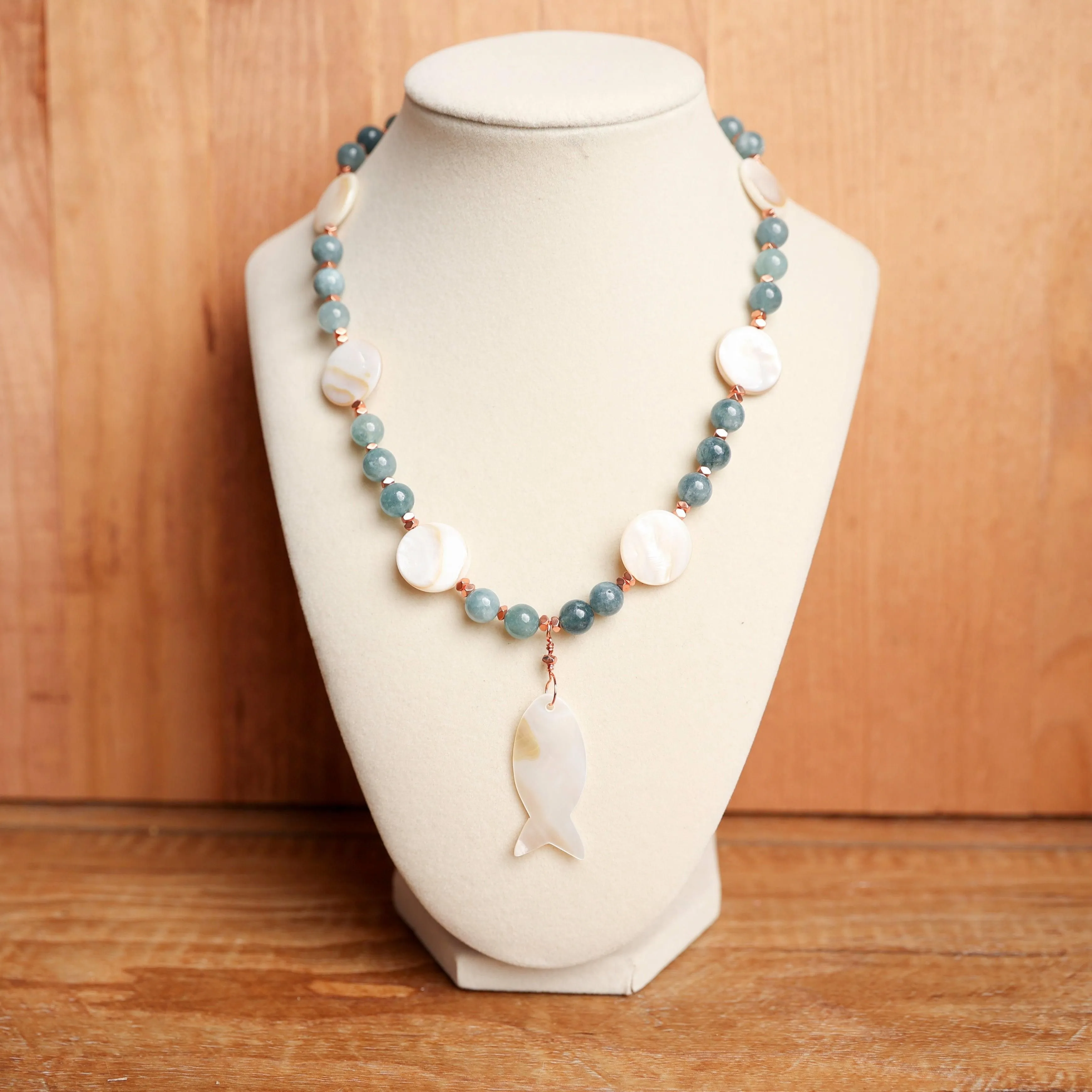 Coastal Jade & Shell Fish Pendant Necklace