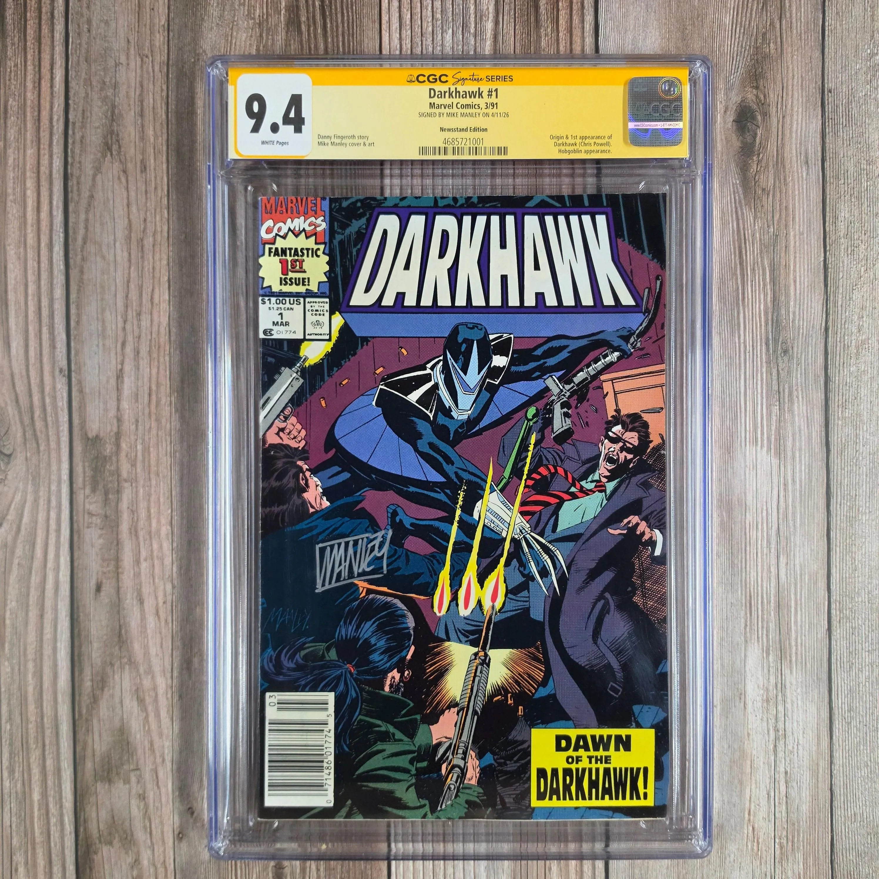 Darkhawk #1 CGC 9.4 WP SS Signed by Mike Manley, Origin & 1st Appearance of Darkhawk, NEWSSTAND EDITION (Cert 1001)