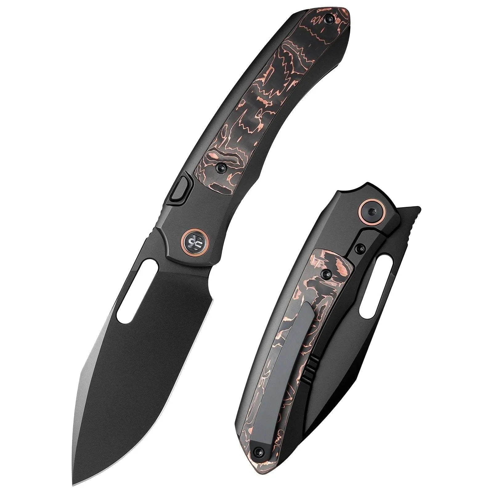 Remette RT-Orca ORCATB – 3.15″ DLC M390 Drop Point, Titanium & Copper Foil Carbon Fiber, Button Frame Lock