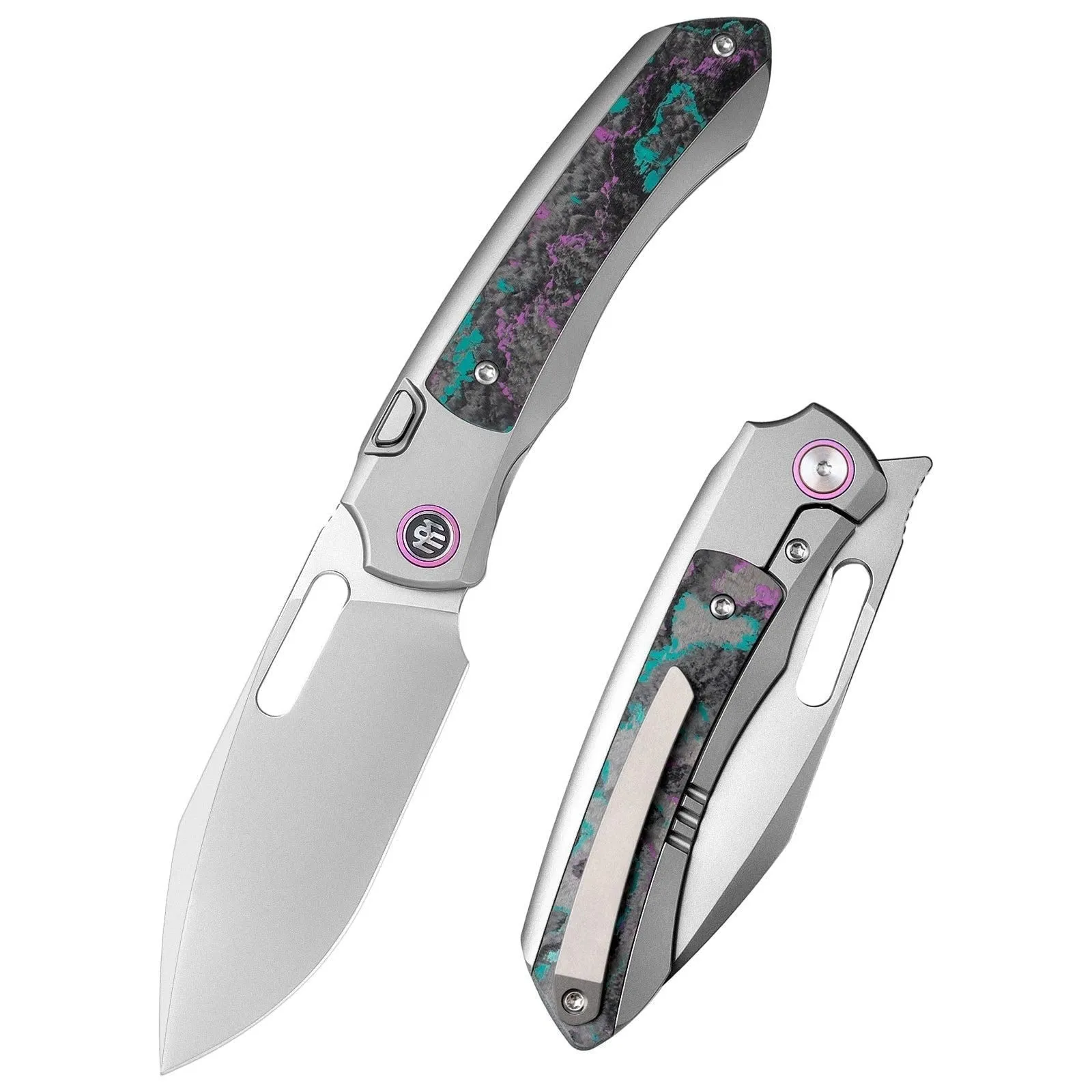 Remette RT-Orca ORCAJY – 3.15″ Pearlescent M390 Drop Point, Titanium & Jazzy CamoCarbon, Button Frame Lock