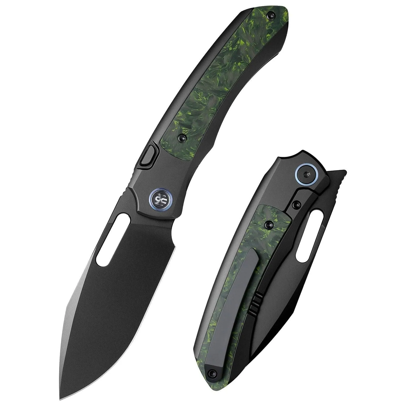 Remette RT-Orca ORCALS – 3.15″ DLC M390 Drop Point, Titanium & Luminous Carbon Fiber, Button Frame Lock