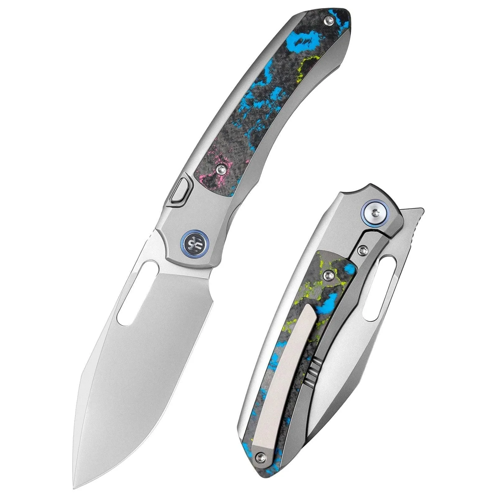 Remette RT-Orca ORCAUR – 3.15″ Pearlescent M390 Drop Point, Titanium & Ultimate Warrior CamoCarbon, Button Frame Lock