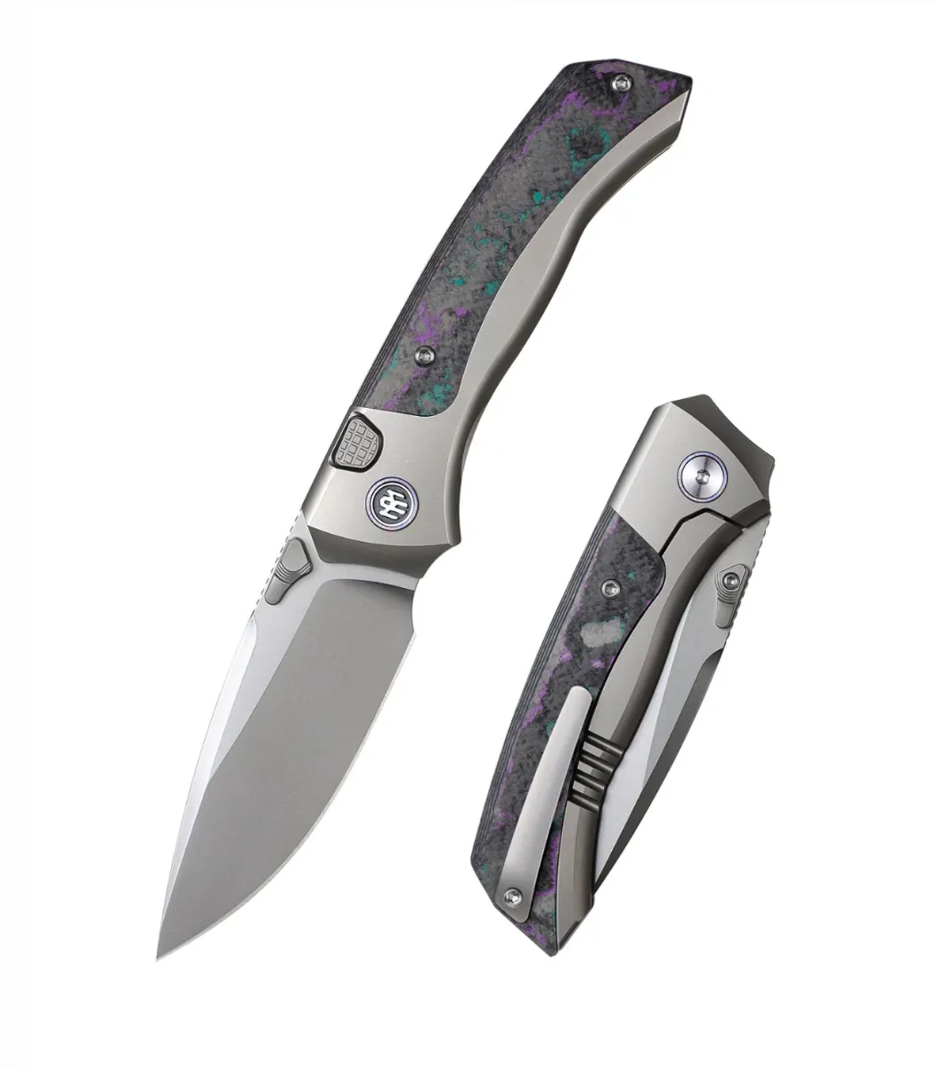 Remette RT-Steed RTWS-TCBB – 3.07″ Pearlescent M390 Drop Point, Titanium & CamoCarbon Inlay, Button Frame Lock