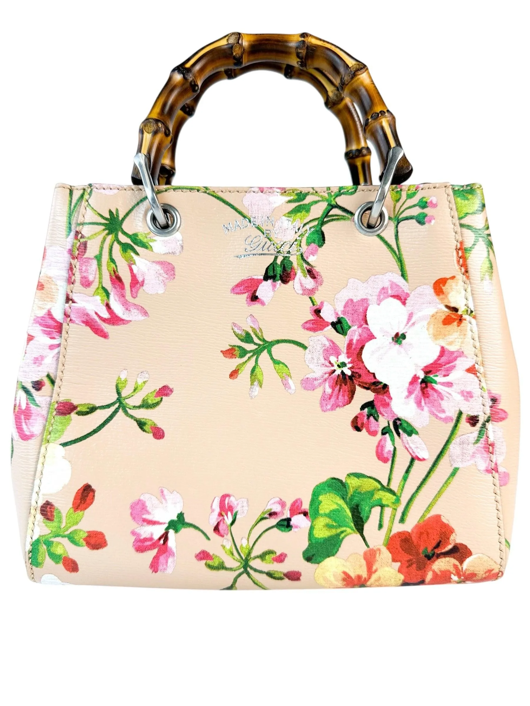Gucci Floral Leather Bamboo Top Handle Bag