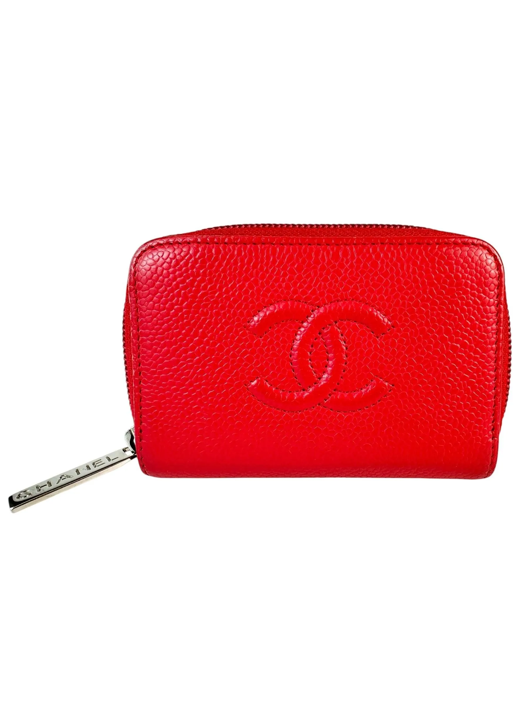 Chanel Red Caviar Leather Compact Wallet Card Case