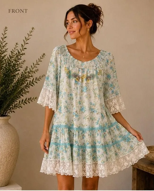 Sumitra Cotton Floral Lace Trim Boho Dress | HerEdits