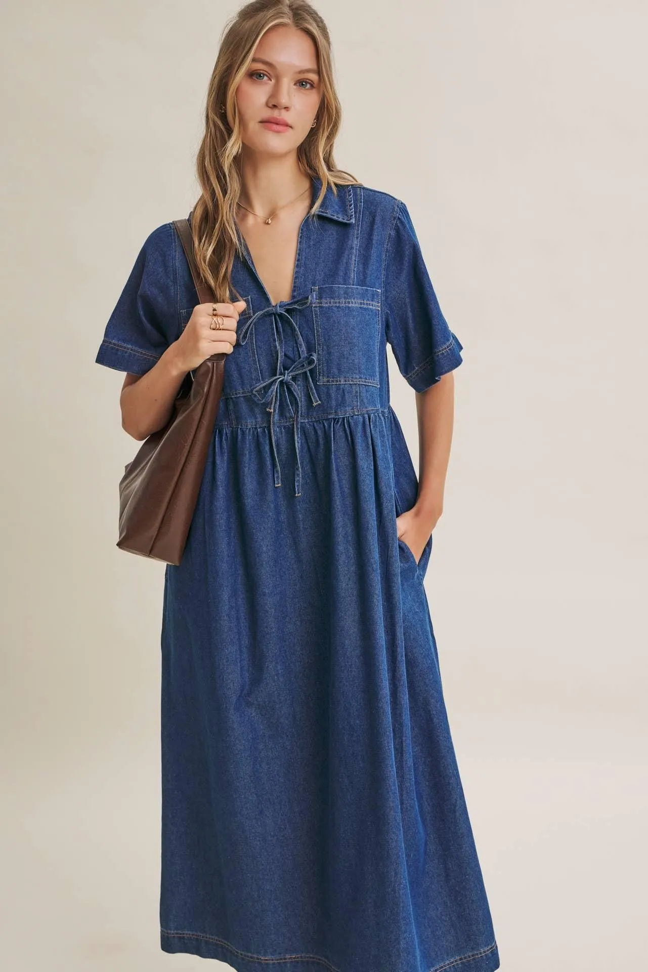 DENIM WASHED BOW-FRONT MIDI DRESS