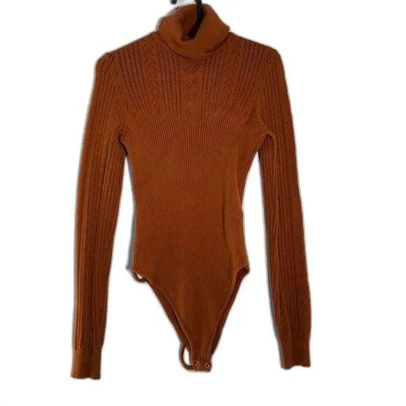 Product image for Long Sleeve Viscose Blend Bodysuit SnapTurtleneck Cable Knit Rust Women's Large