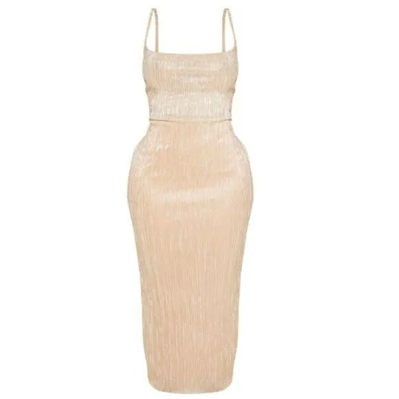 Product image for NWT PrettyLittleThing US 6 UK 10 Shape Pleated Gold Plisse Cowl Neck Midi Dress