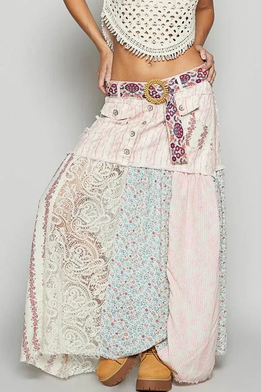 POL Pink Multi Patchwork lace Boho Hippie Maxi Skirt