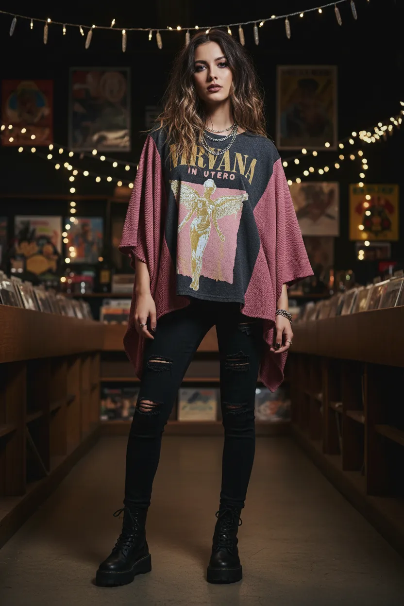 # 23 Nirvana "In Utero" Upcycled Band Tee Poncho OSFM