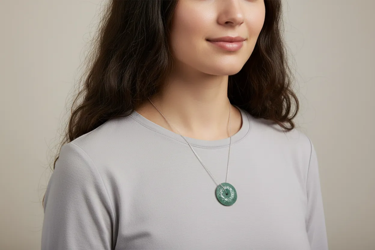 Carved Jade Donut Pendant on Sterling Silver Chain