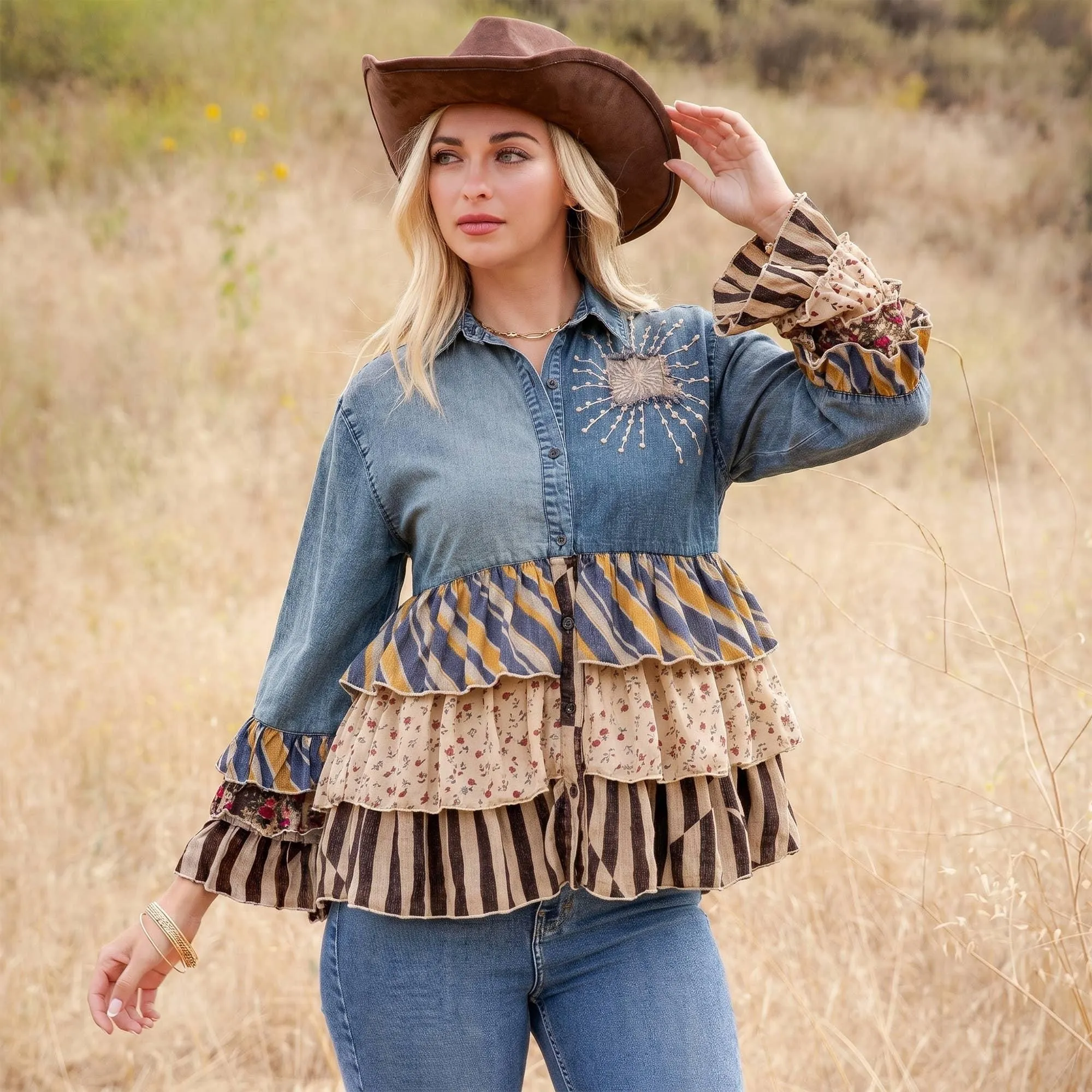 Young Threads - Vintage Boho Denim Yoke Patchwork Tiered Tunic Top  NEW