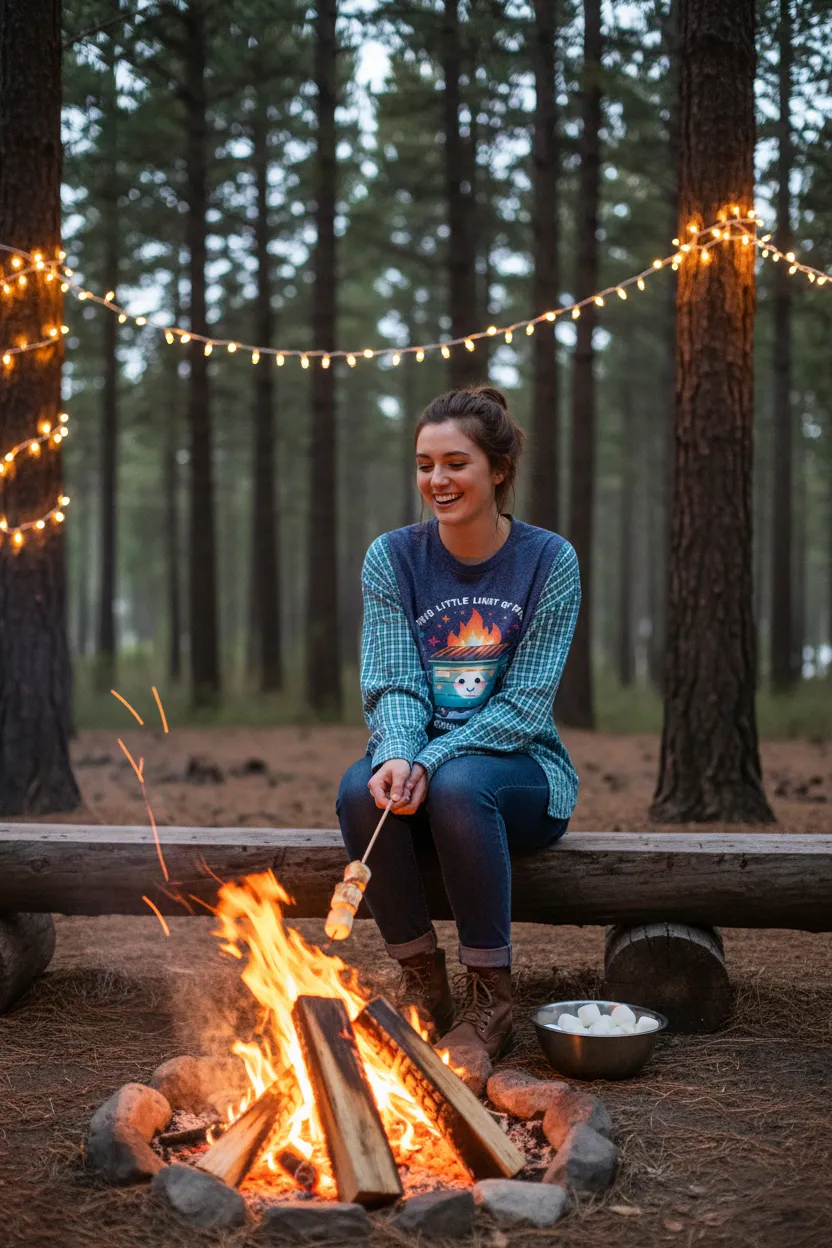 #69 Dumpster Fire Campfire Tee — Upcycled Plaid Flannel Sleeve XL