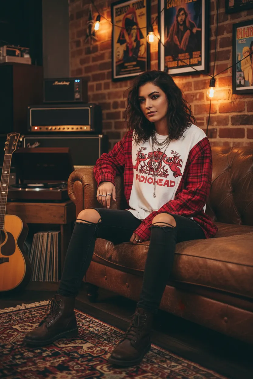 #93 Radiohead Upcycled Campfire Tee — Red Plaid Flannel Sleeves M-XL