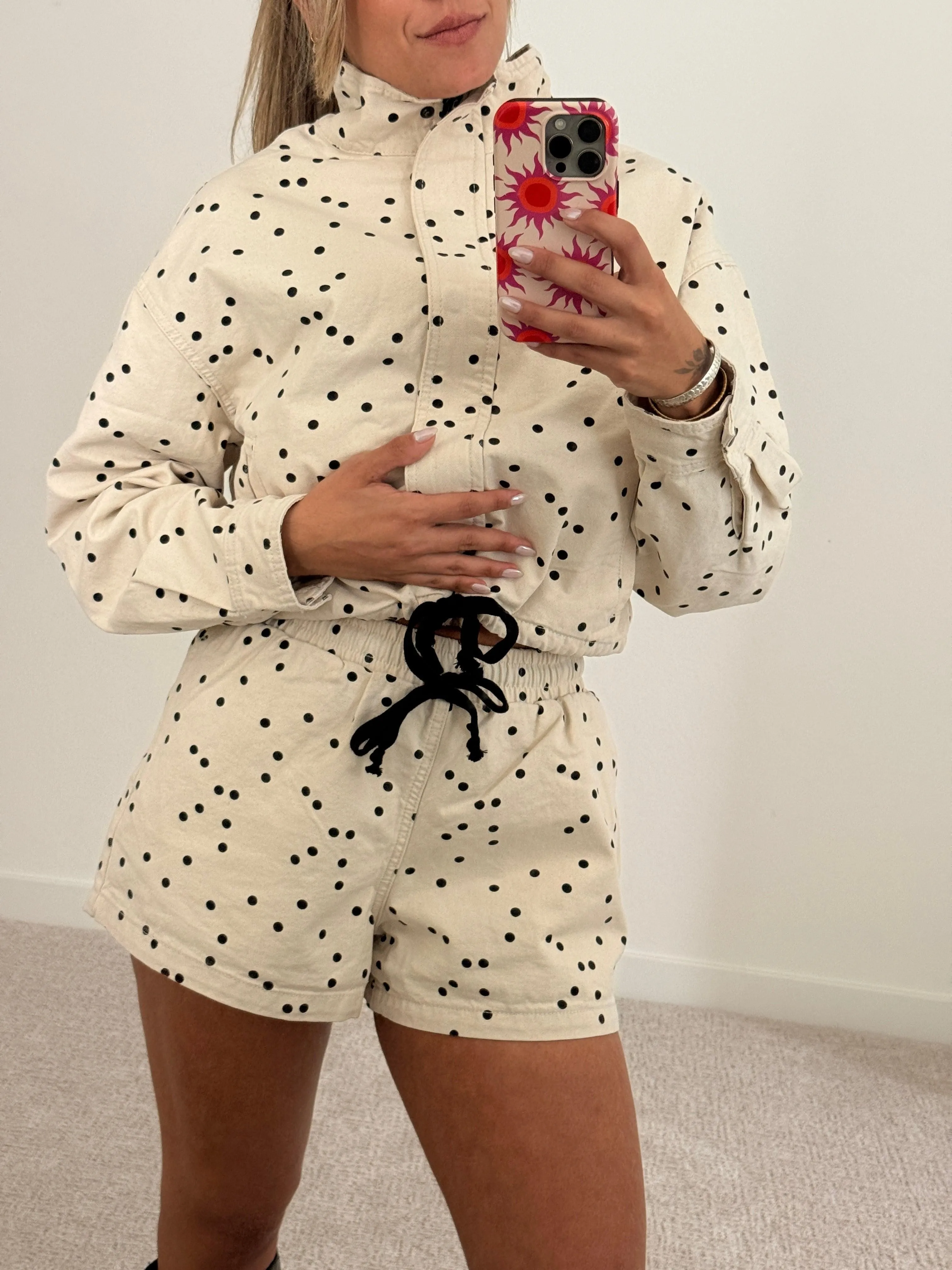 Polka Dot Denim Drawstring Shorts