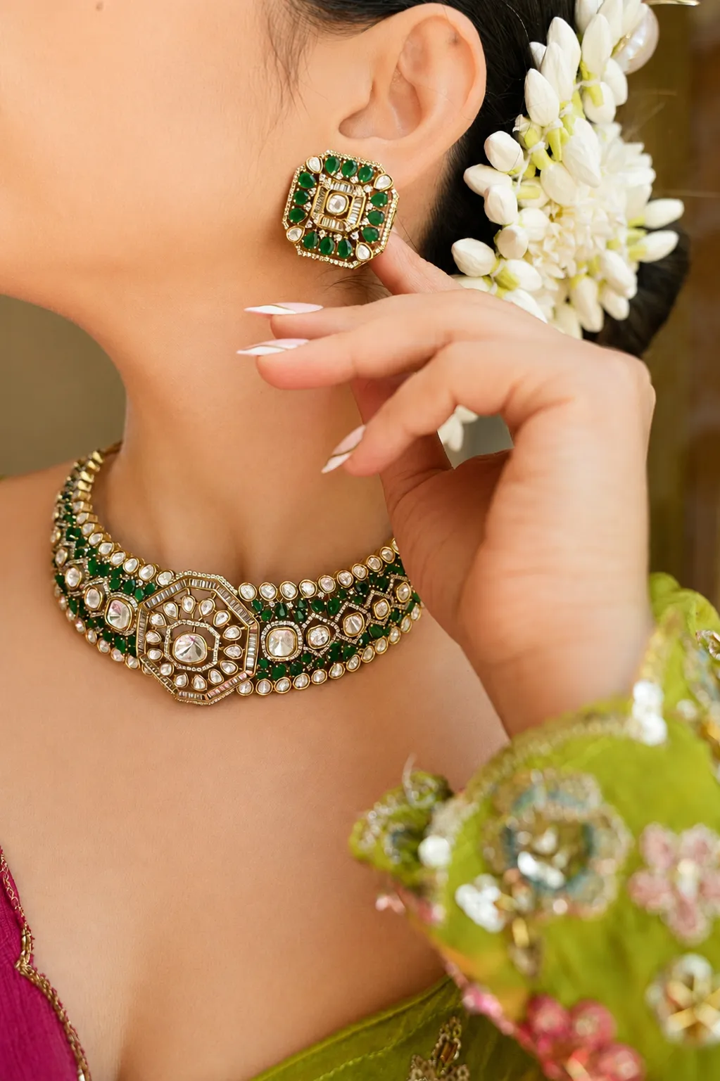 Samira Emerald Gold Necklace Kerala Antique Gold Plated Necklace Set – South Indian Temple Jewelry for Women | Indian Bridal & Wedding Jewelry by Jaipur Rose
