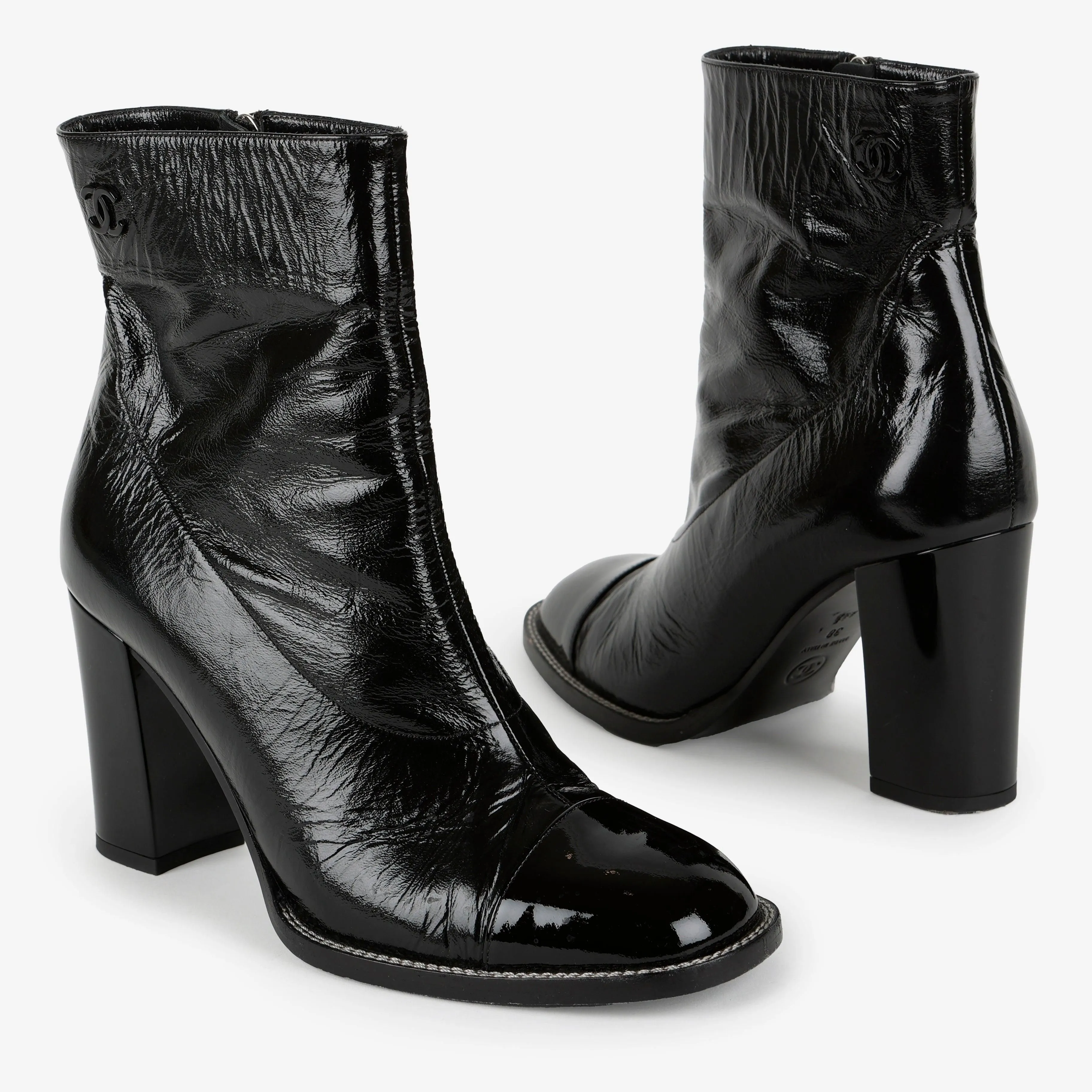 Short Boots, Black Patent Calfskin Size 38