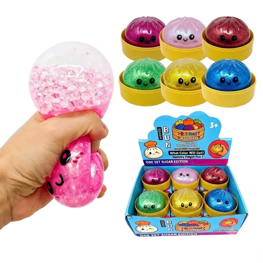 Glitter Dumpling Squishy Fidget Toy – 8.5cm Water Bead Boba Squeeze Bun in Steamer Basket, Mystery Color Stress Relief Toy