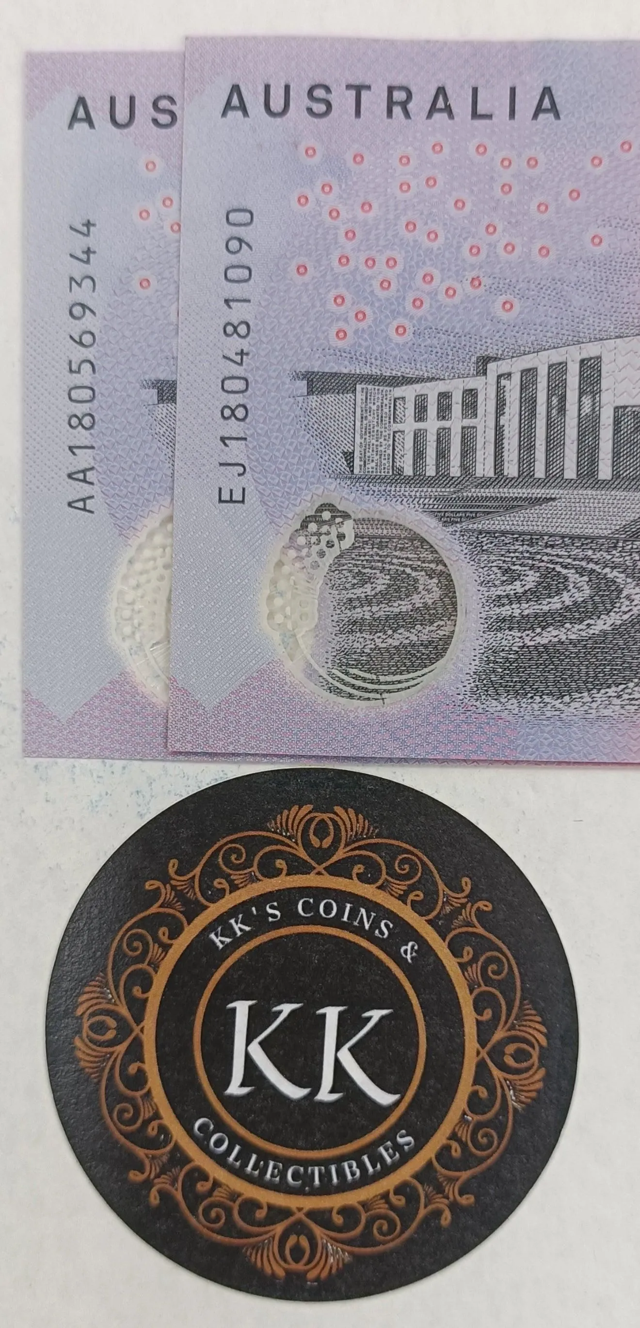 2018 Australia $5 First and Last Prefix Banknotes AA & EJ