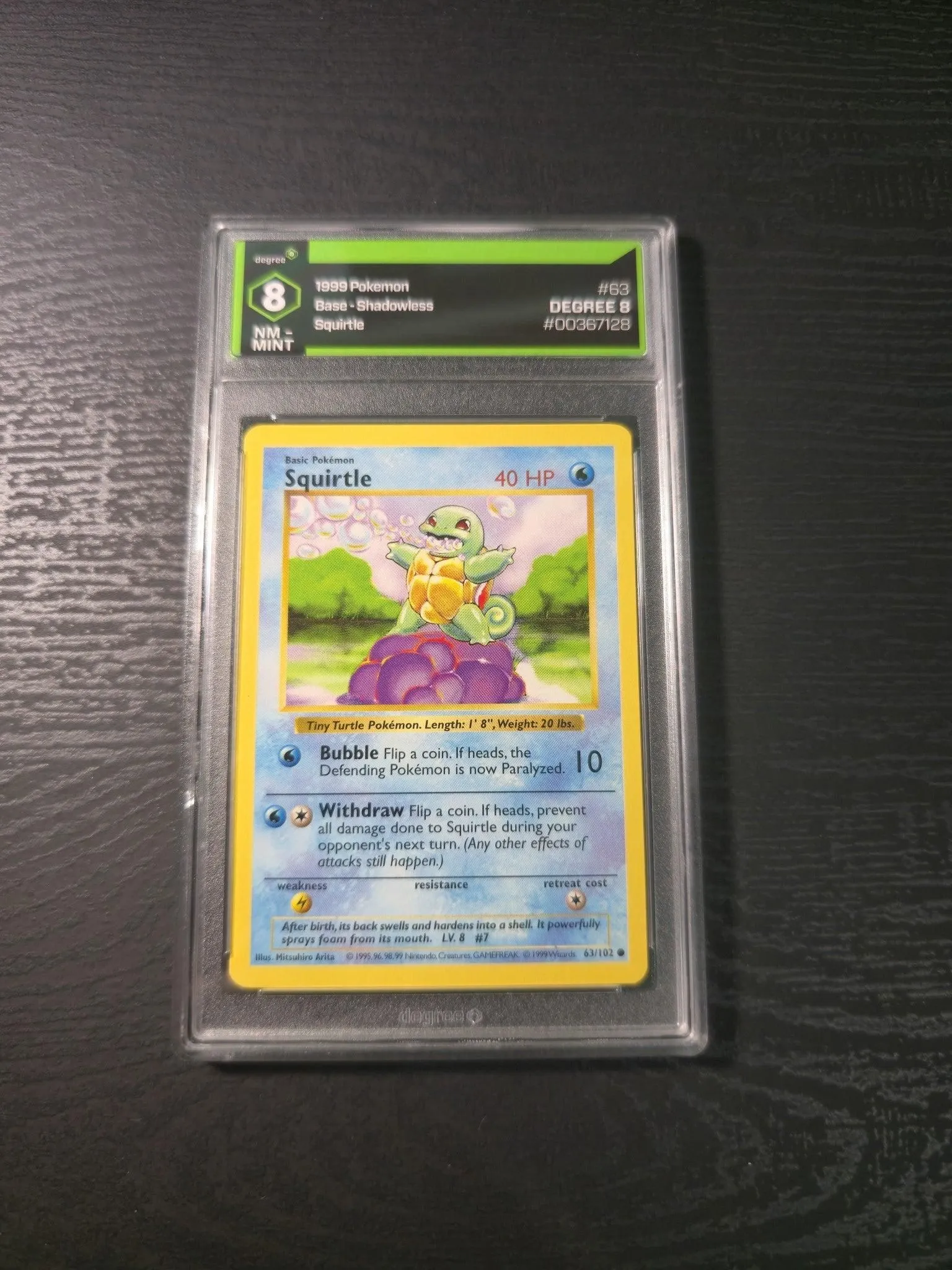 1999 Pokémon Base Set Shadowless Squirtle #63/102 Degree Grading 8 NM-Mint