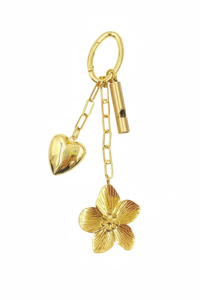 Pre-owned Hawley Studio Bag Charm Gold Tone with Emergency Whistle, Flower, Puffy Heart - Authenticated
