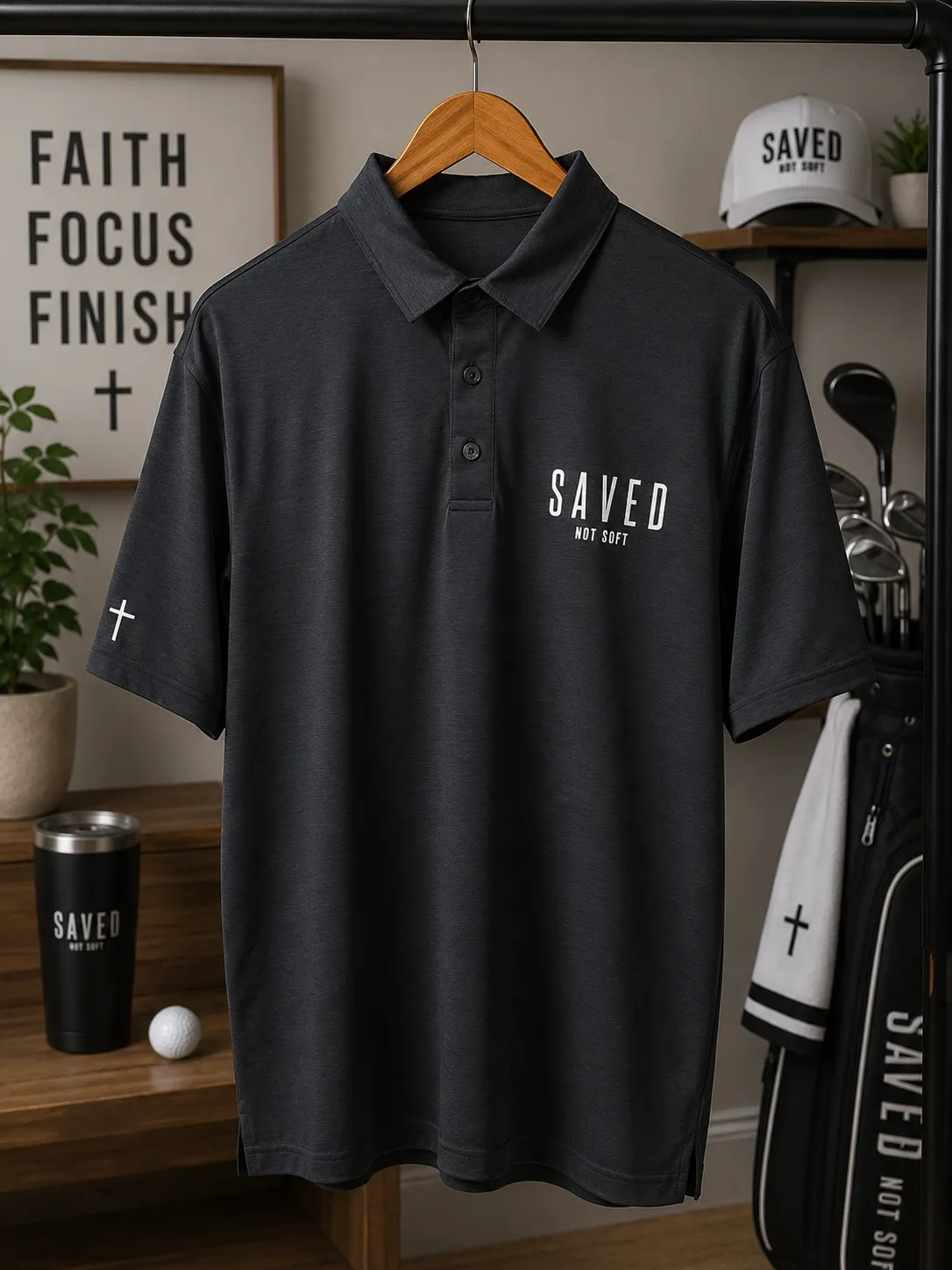 Saved Not Soft – Premium Performance Golf Polo | Midnight Charcoal