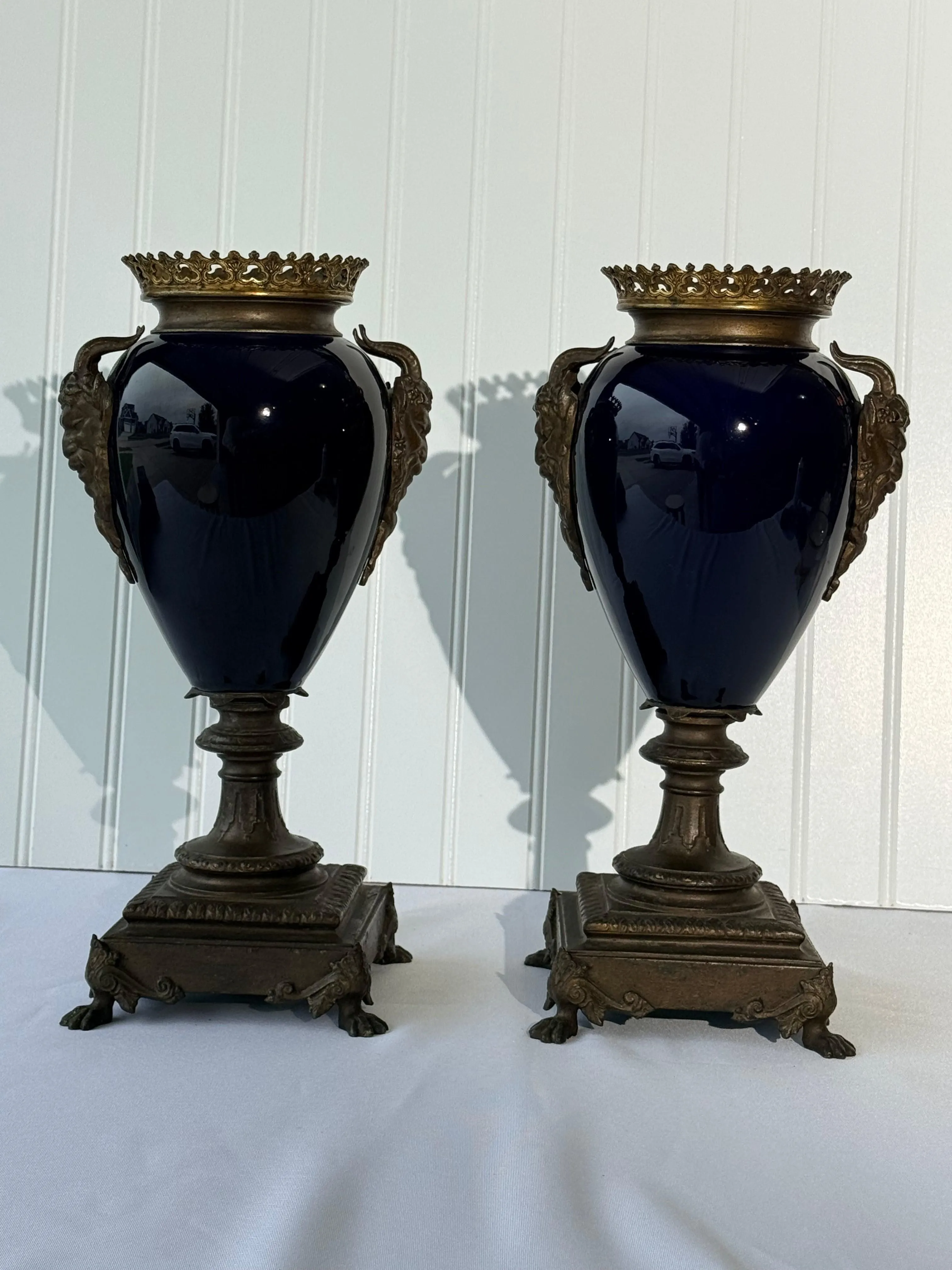 Neoclassical Cobalt Blue Urns on Footings with Bronze Faces, 14”