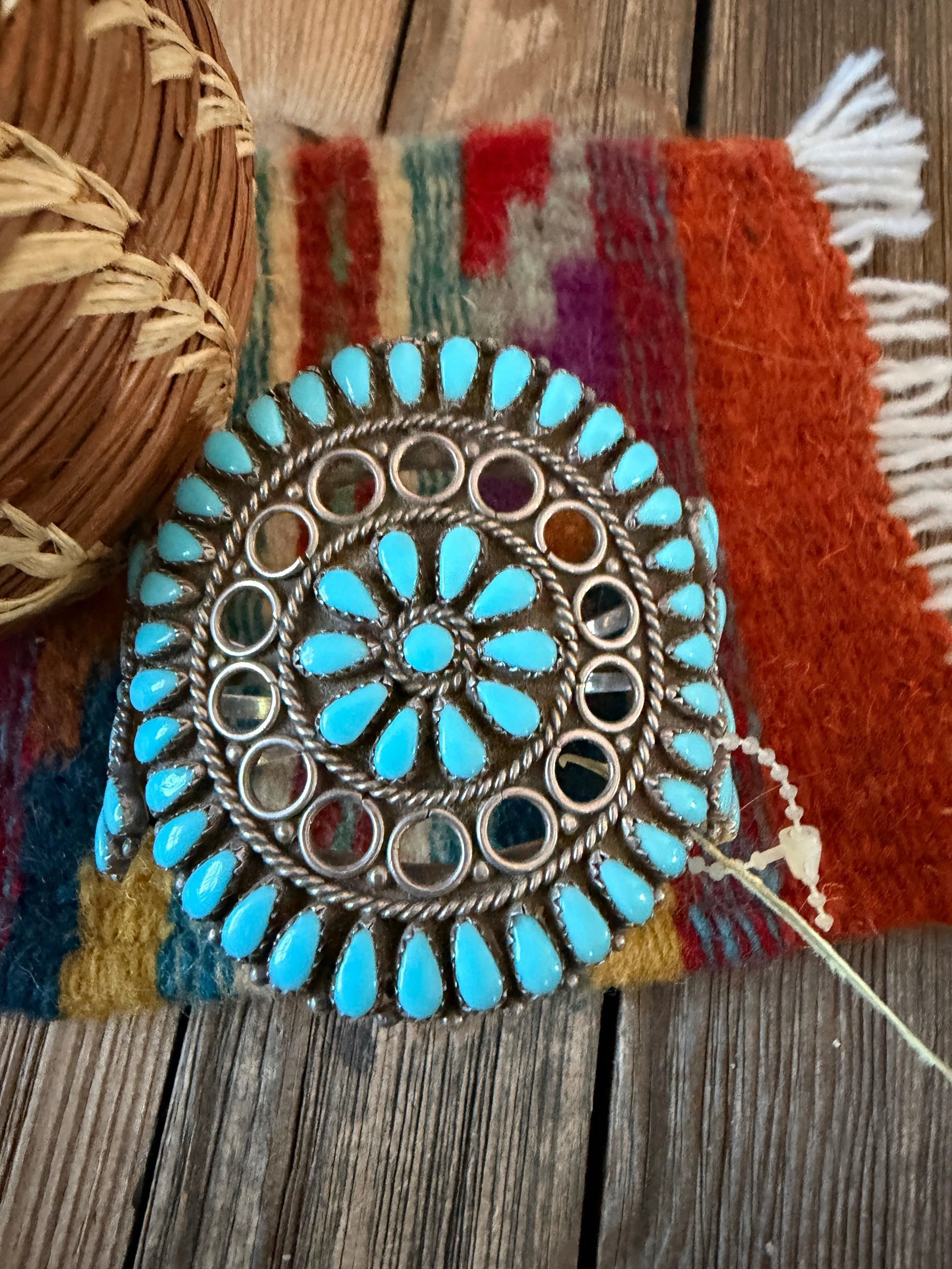 Handcrafted Old Pawn Sterling Silver & Turquoise Cluster Cuff Bracelet