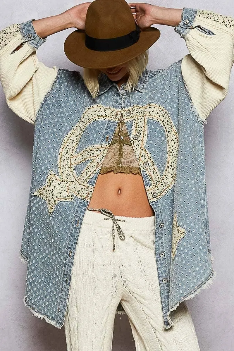 Balloon sleeve double gauze peace star patch shirt top