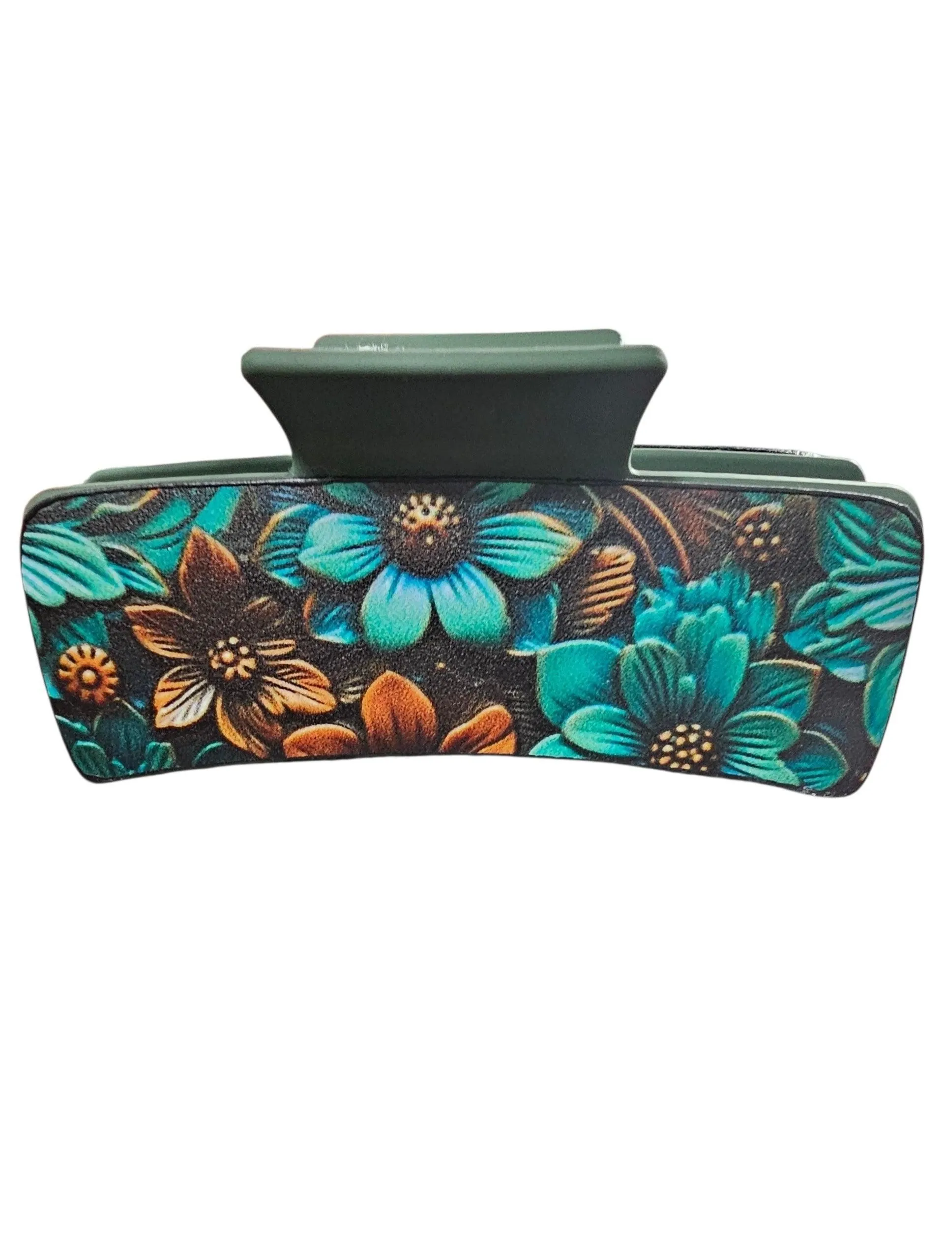 3002 Teal and Brown Floral Leather Hair Claw Clips