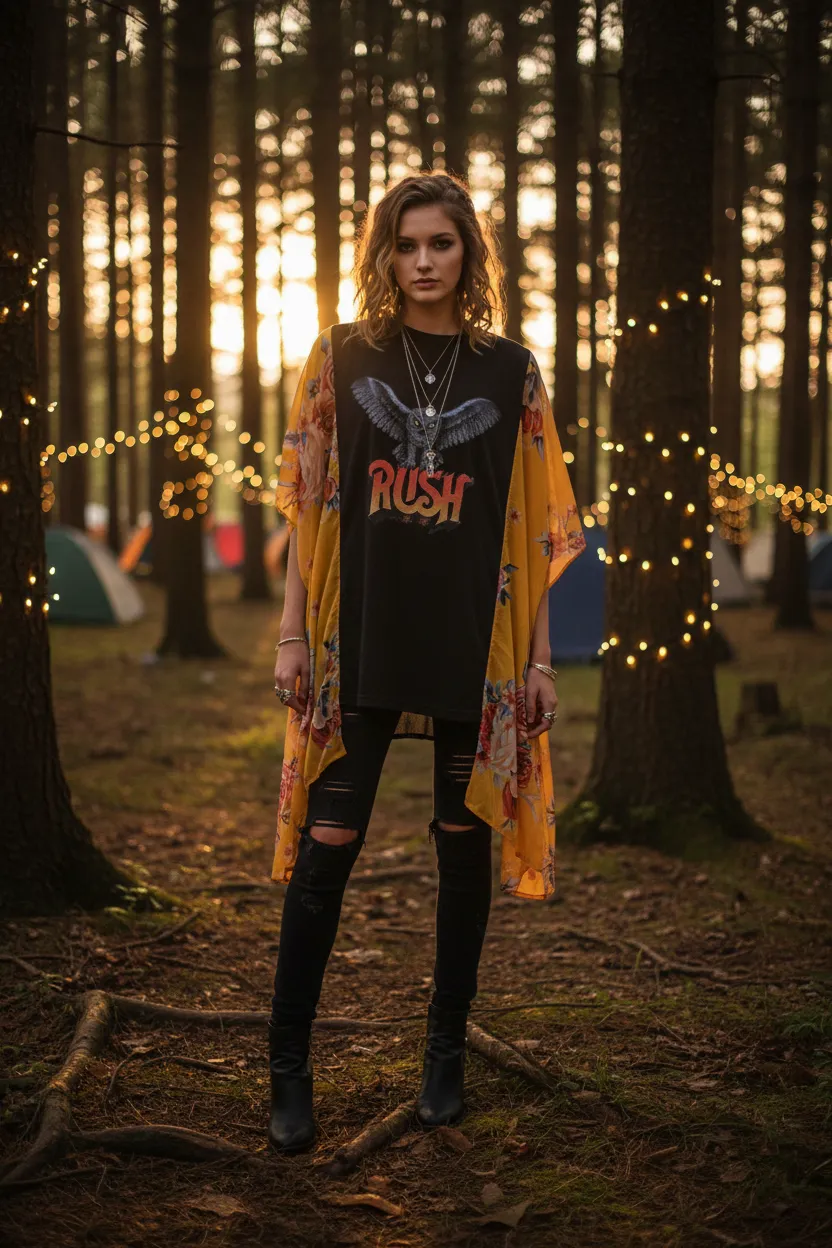 #32 Rush Upcycled Band Tee Poncho — Golden Floral Kimono Sleeves OSFM