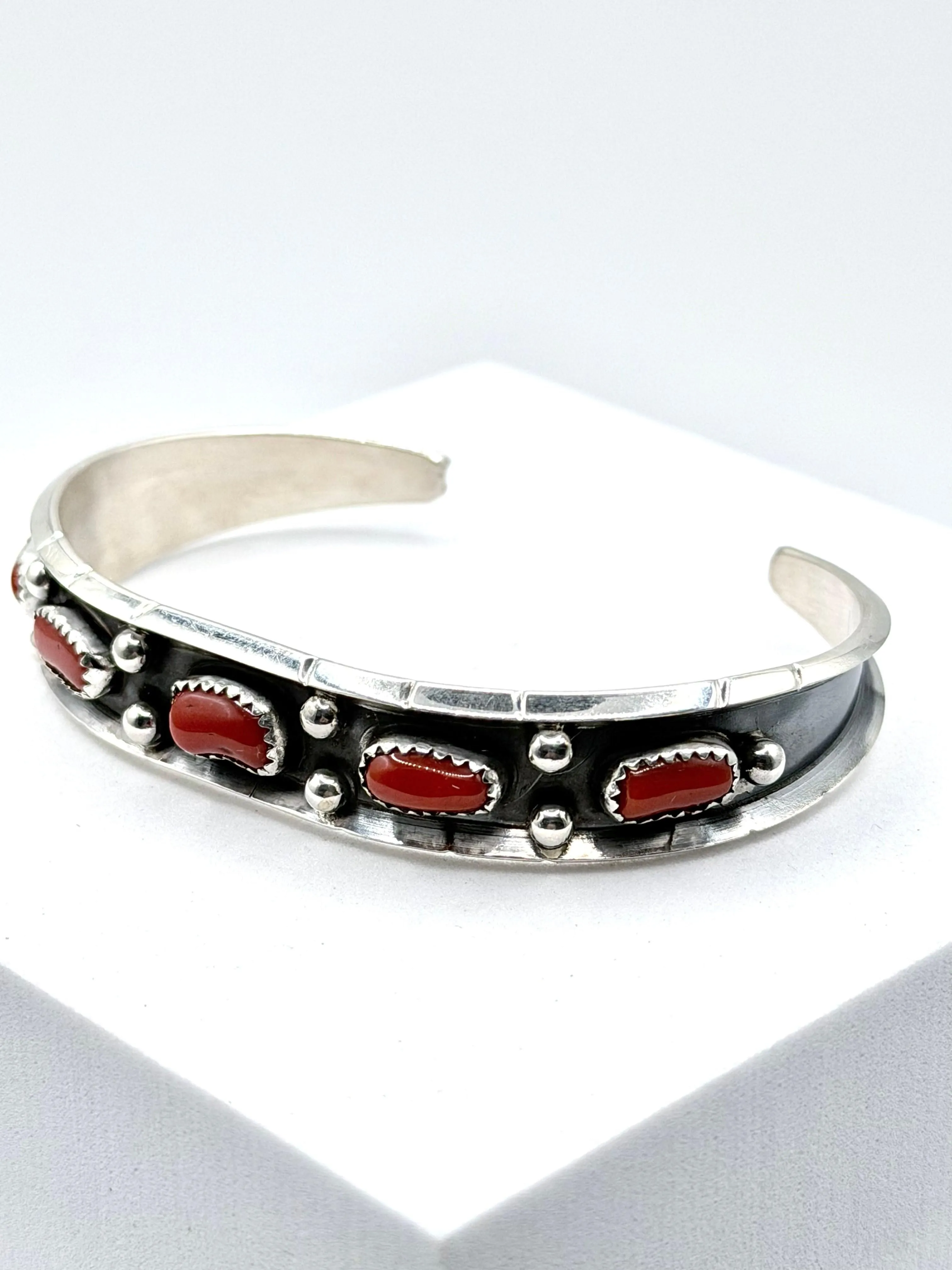 NATIVE HANDMADE CORAL ADJUSTABLE CUFF STAMPED BY RC (LA 65)