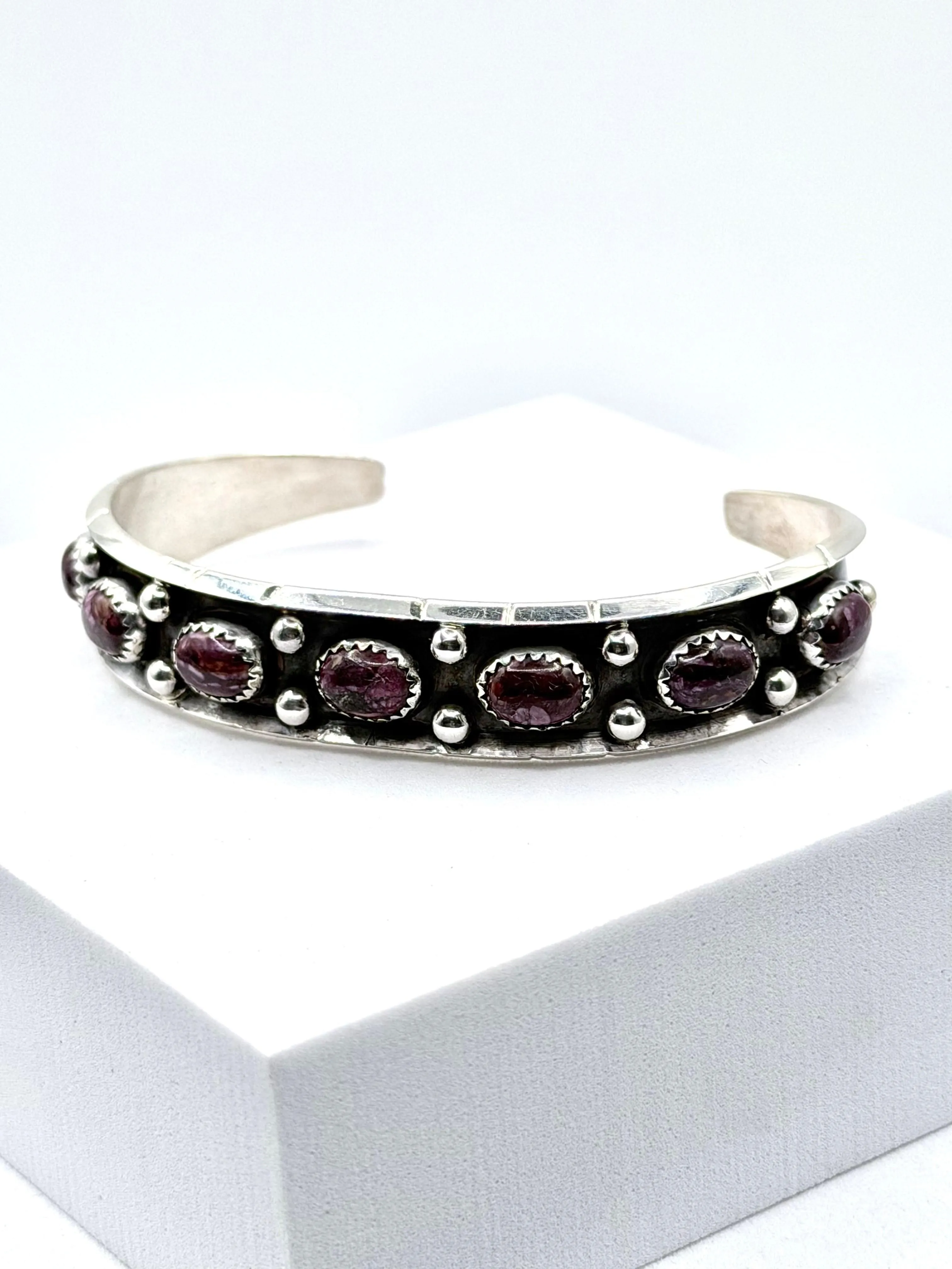 NATIVE HANDMADE PURPLE SPINY ADJUSTABLE CUFF STAMPED BY RC (LA 66)