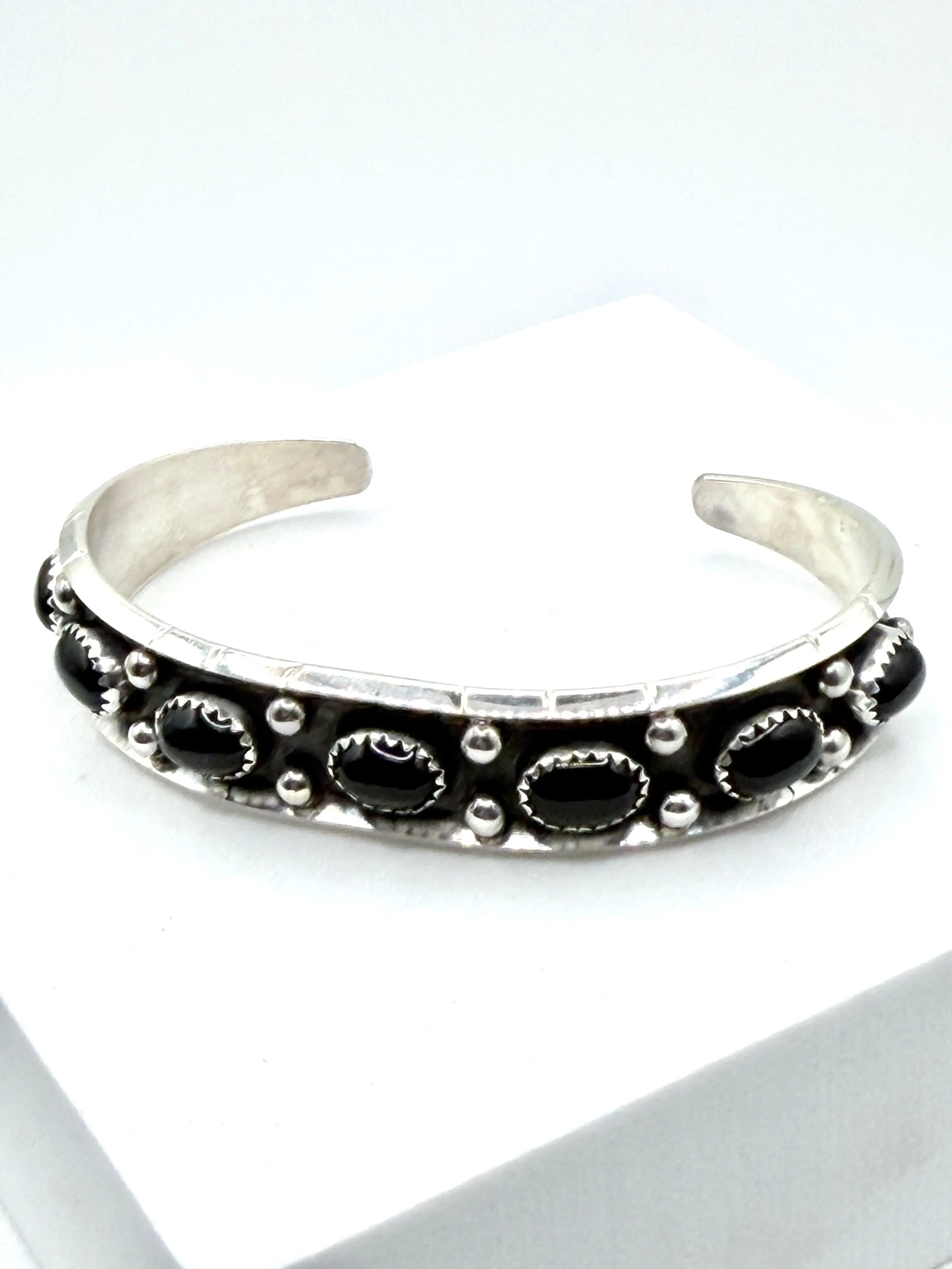 NATIVE HANDMADE BLACK ONYX ADJUSTABLE CUFF STAMPED BY RC (LA 68)