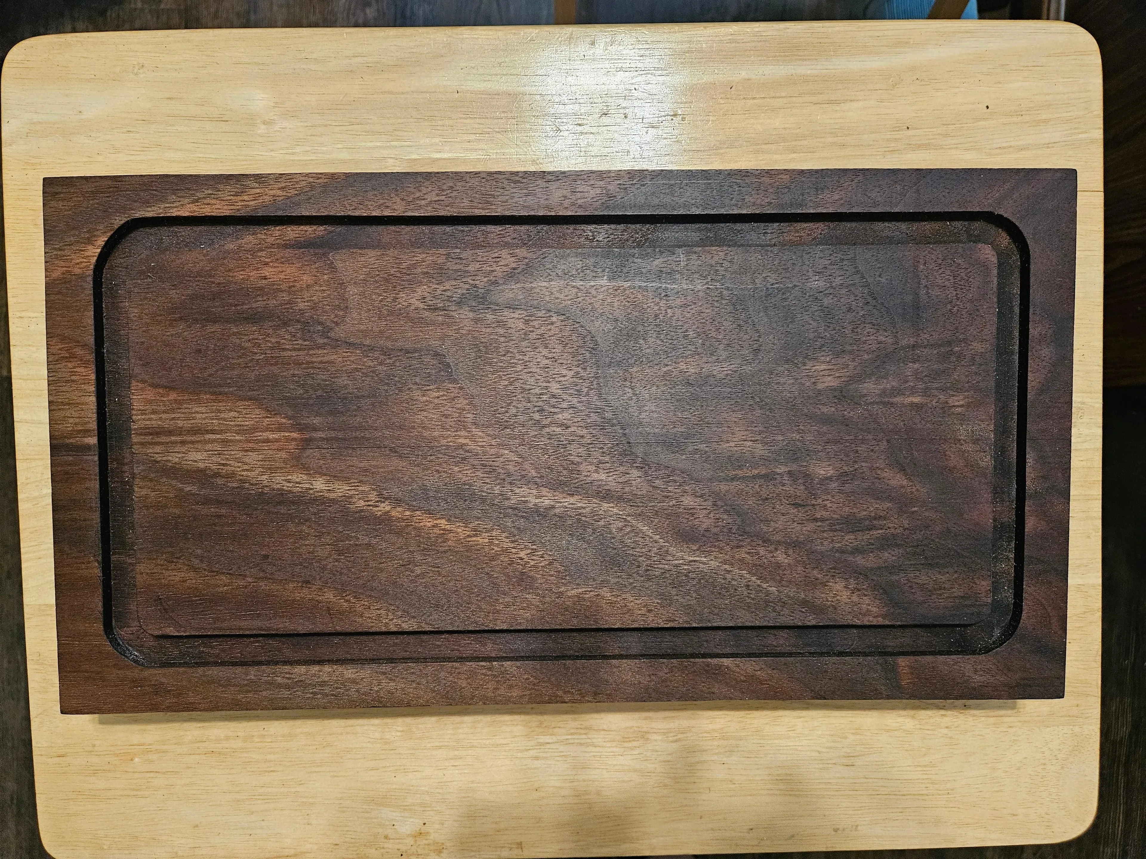 Cutting Board with stunning look made from Walnut with beveled edges, Juice Groove and rubber feet 16" x 8.5"