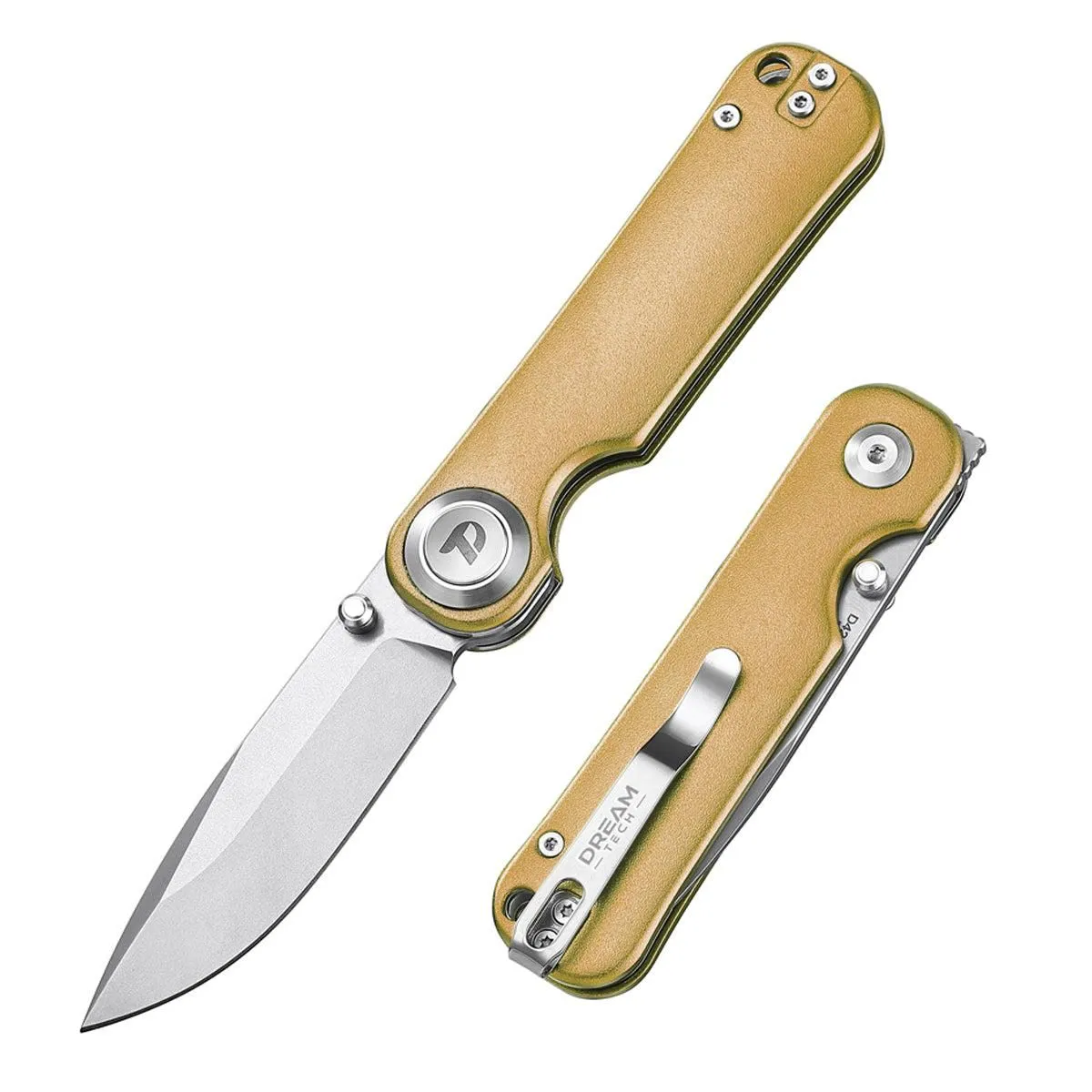 DreamTech D4245TVGR – 4.02″ VG10 Folding Knife, Gold Titanium Handle, Button Lock